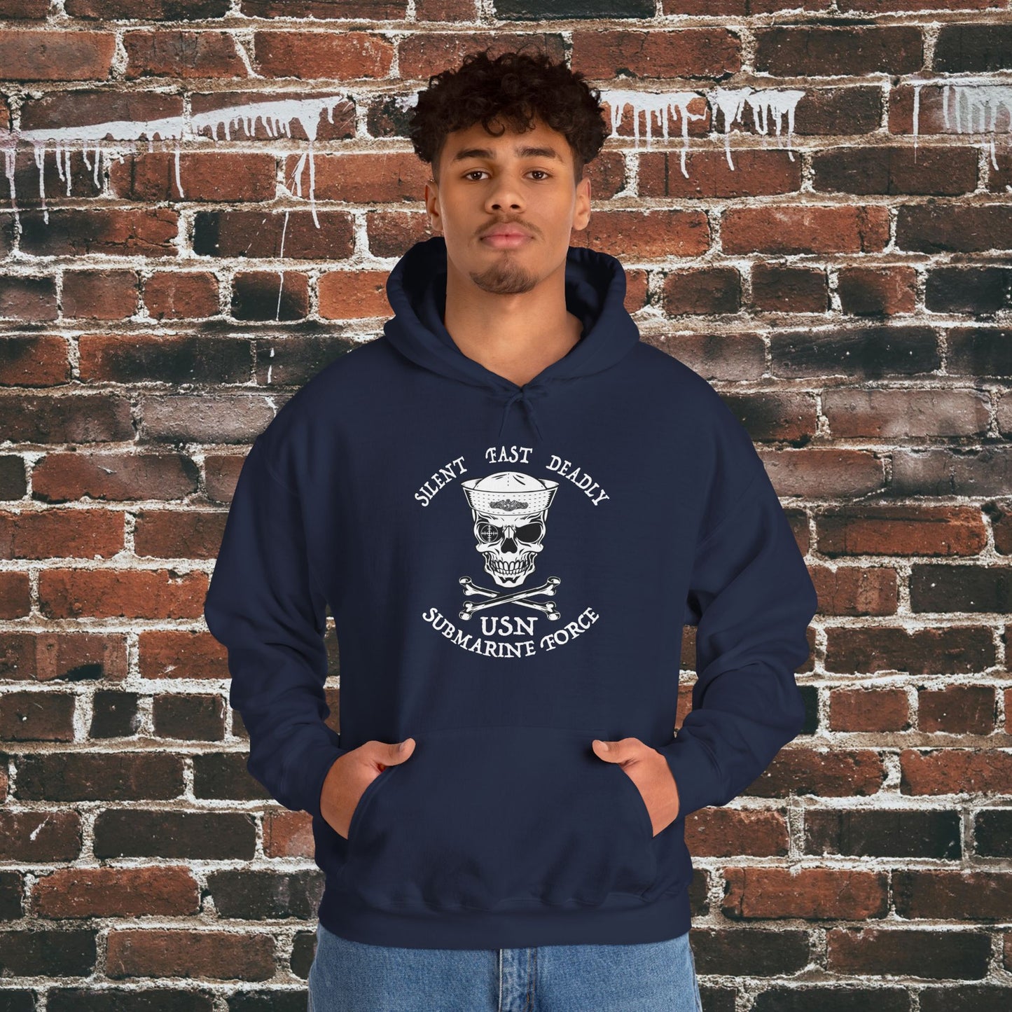 U.S. Submarine Force Silent Fast Skull Crossbones Sailor with Dolphins Unisex Heavy Blend™ Hooded Sweatshirt