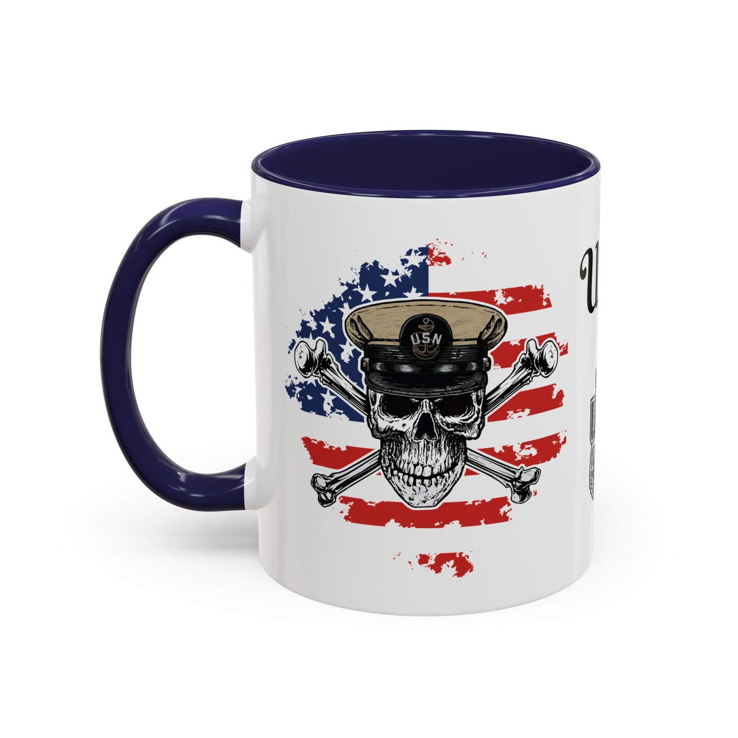 US Navy Chief Skull & Crossbones on American Flag CPO Anchor Accent Coffee Mugs