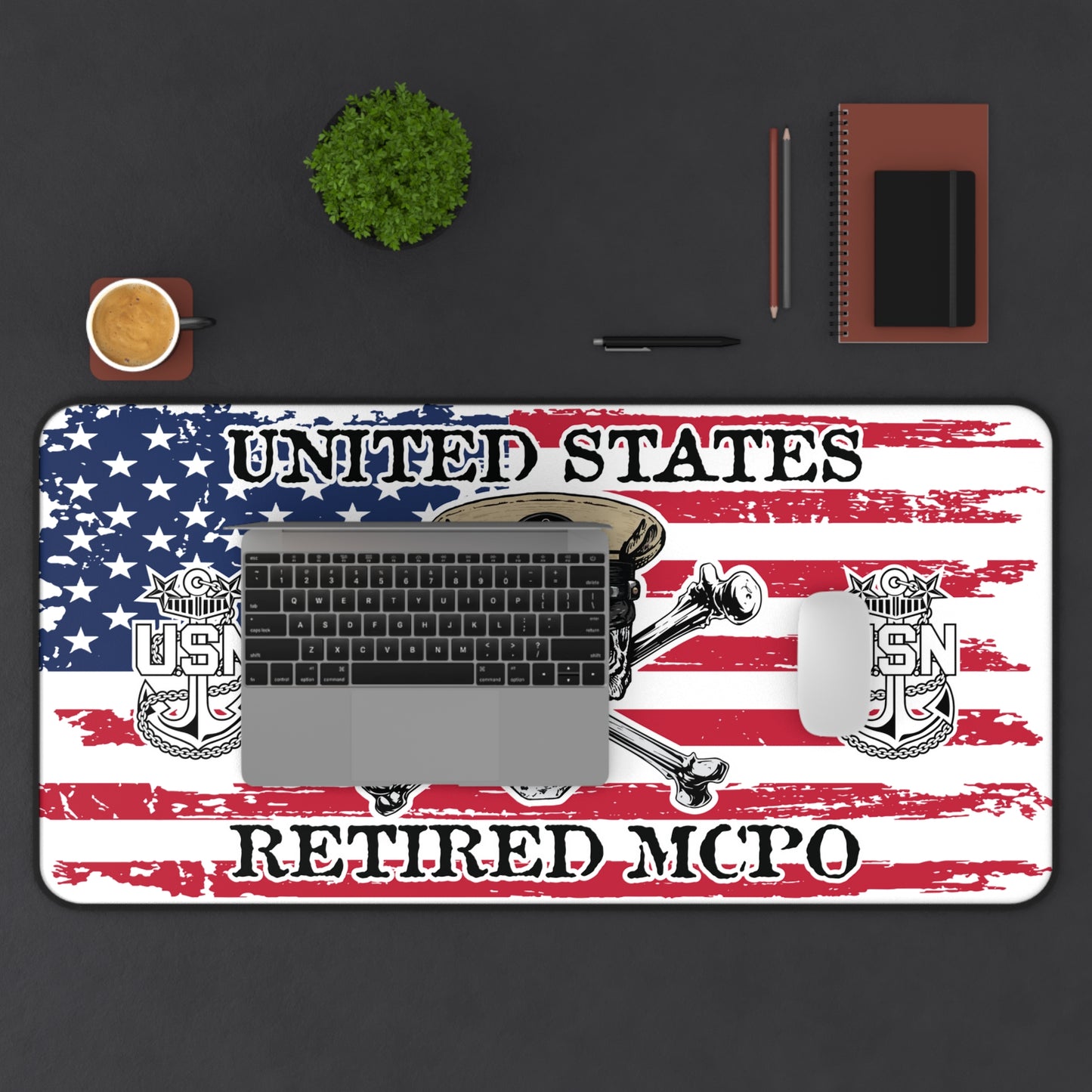 US Retired Master Chief Skull Crossbones with Distressed American Flag Desk Mat