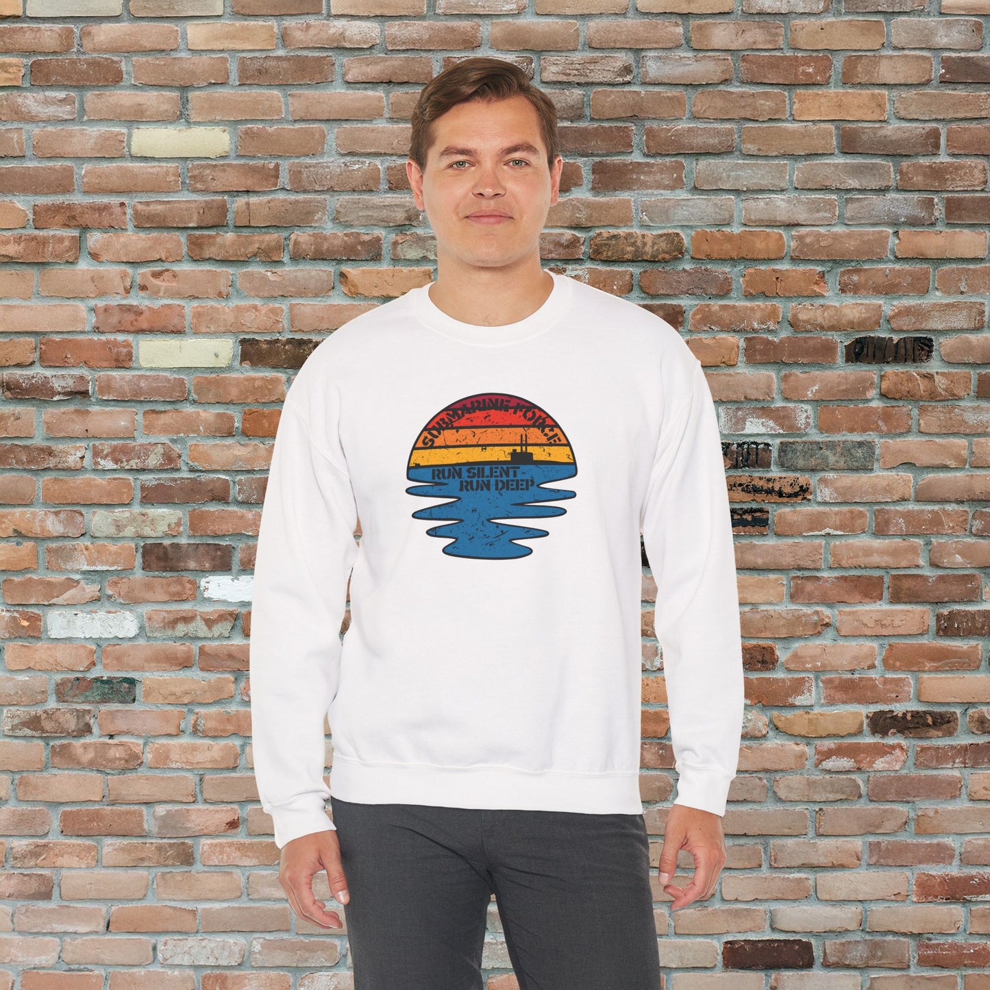 Sunset United States Navy Submarine Force Run Silent Deep Distressed Vintage Mk2 Unisex Heavy Blend™ Crewneck Sweatshirt
