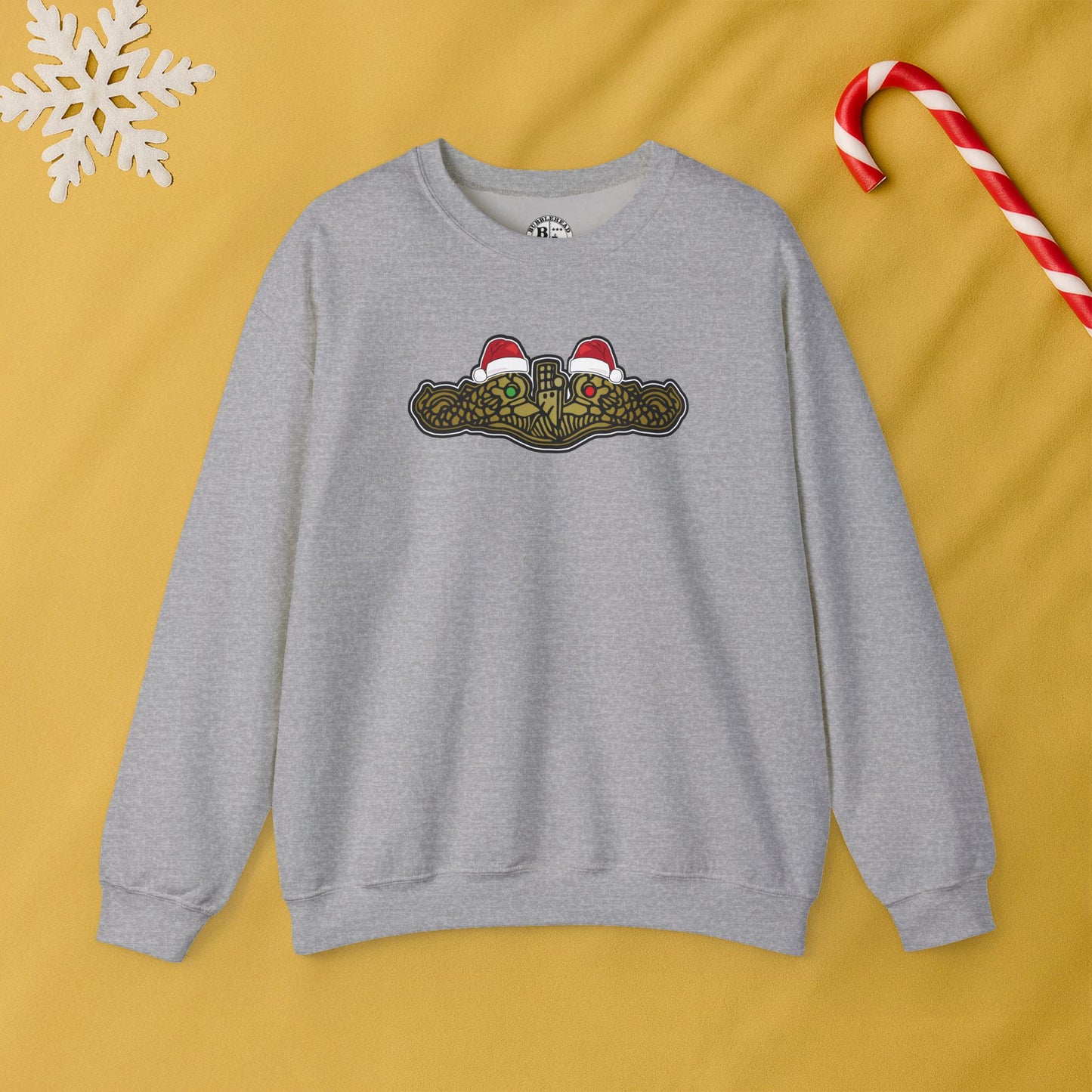 United States Submarine Force Gold Dolphins Christmas Santa Hats with Red and Green Eyes Unisex Heavy Blend™ Crewneck Sweatshirt