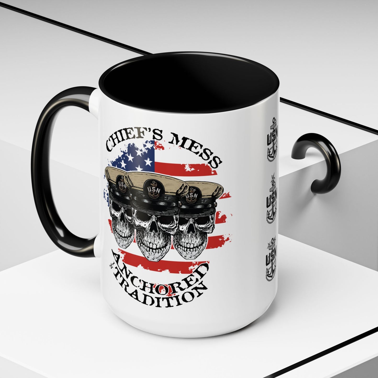US Navy Chief's Mess Anchored Tradition CPO Sailor Skulls with Distressed USA Flag Accent Coffee Mugs