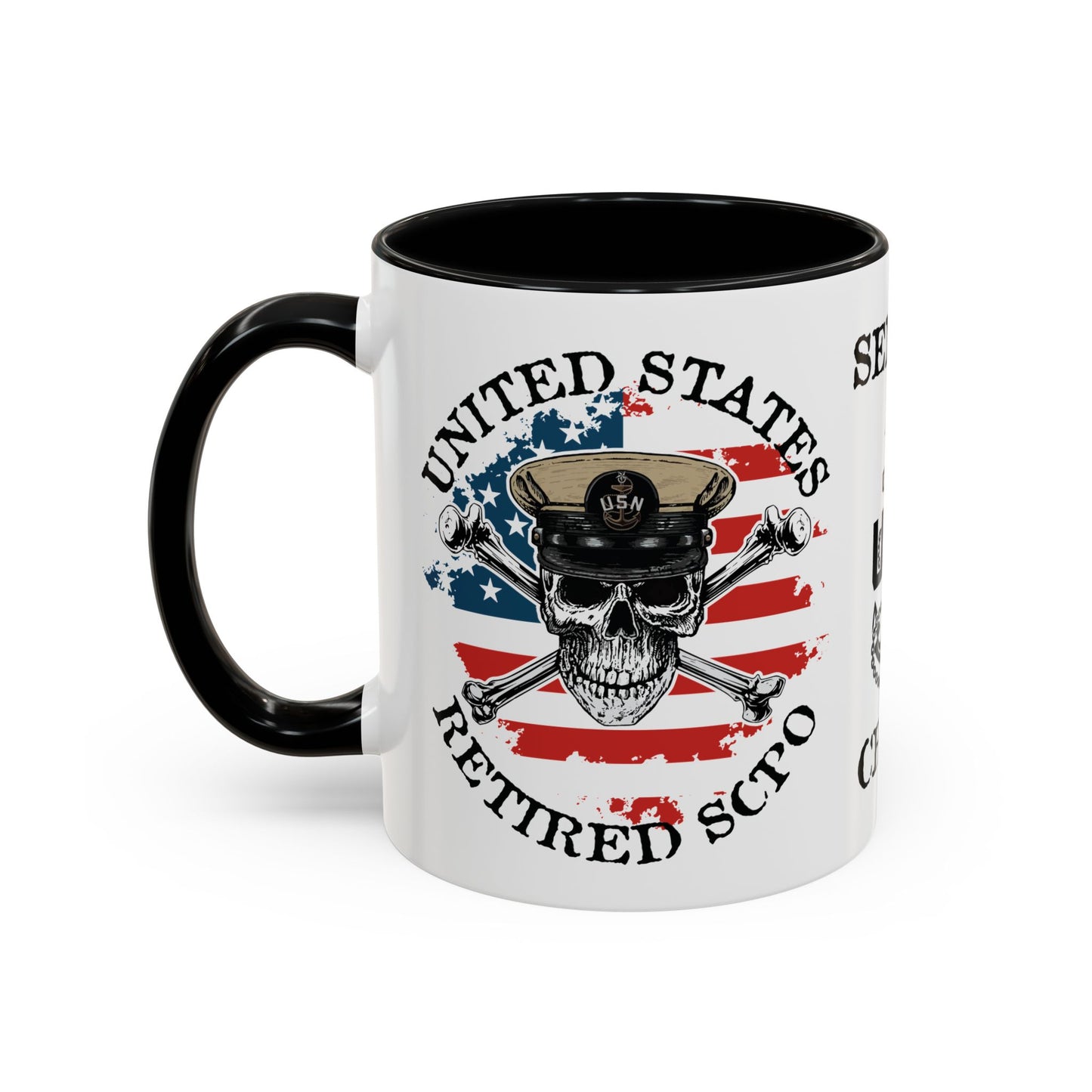 United States Navy Retired SCPO Skull Crossbones Senior Chief Petty Officer Anchor with Distressed USA Flag Accent Coffee Mugs
