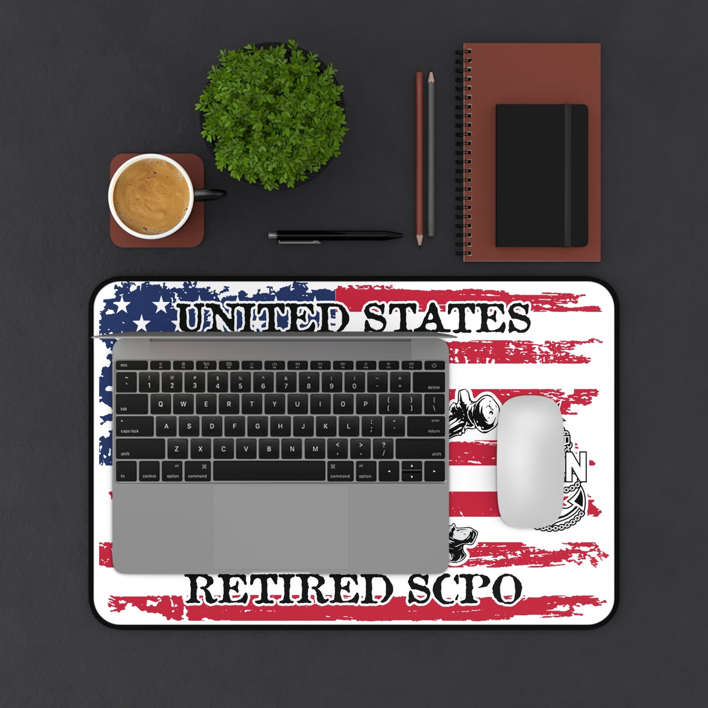 United States Retired SCPO Skull Crossbones Senior Chief with Distressed American Flag Desk Mat