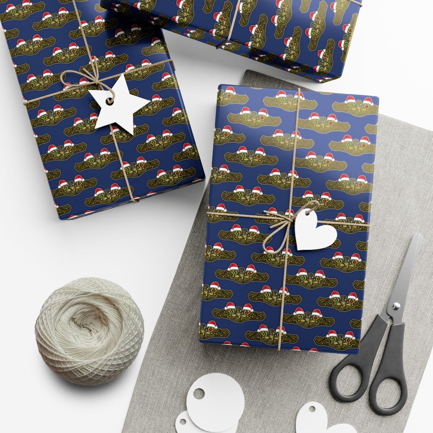United States Navy Submarine Force Gold Officer Dolphins Christmas Hats with Red and Green Eyes Blue Gift Wrap Papers