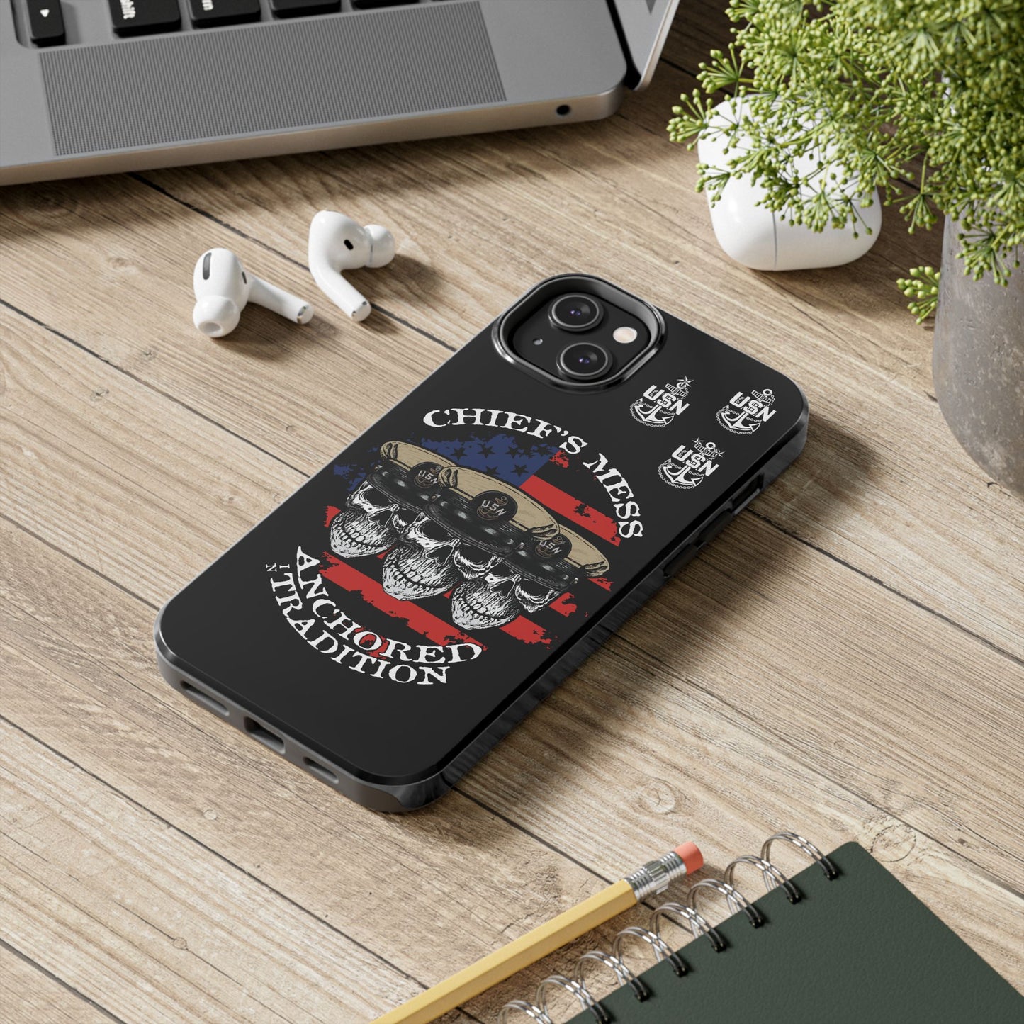 Chief's Mess Anchored Tradition CPO Sailor Skulls on Distressed USA Flag Black Tough iPhone Case