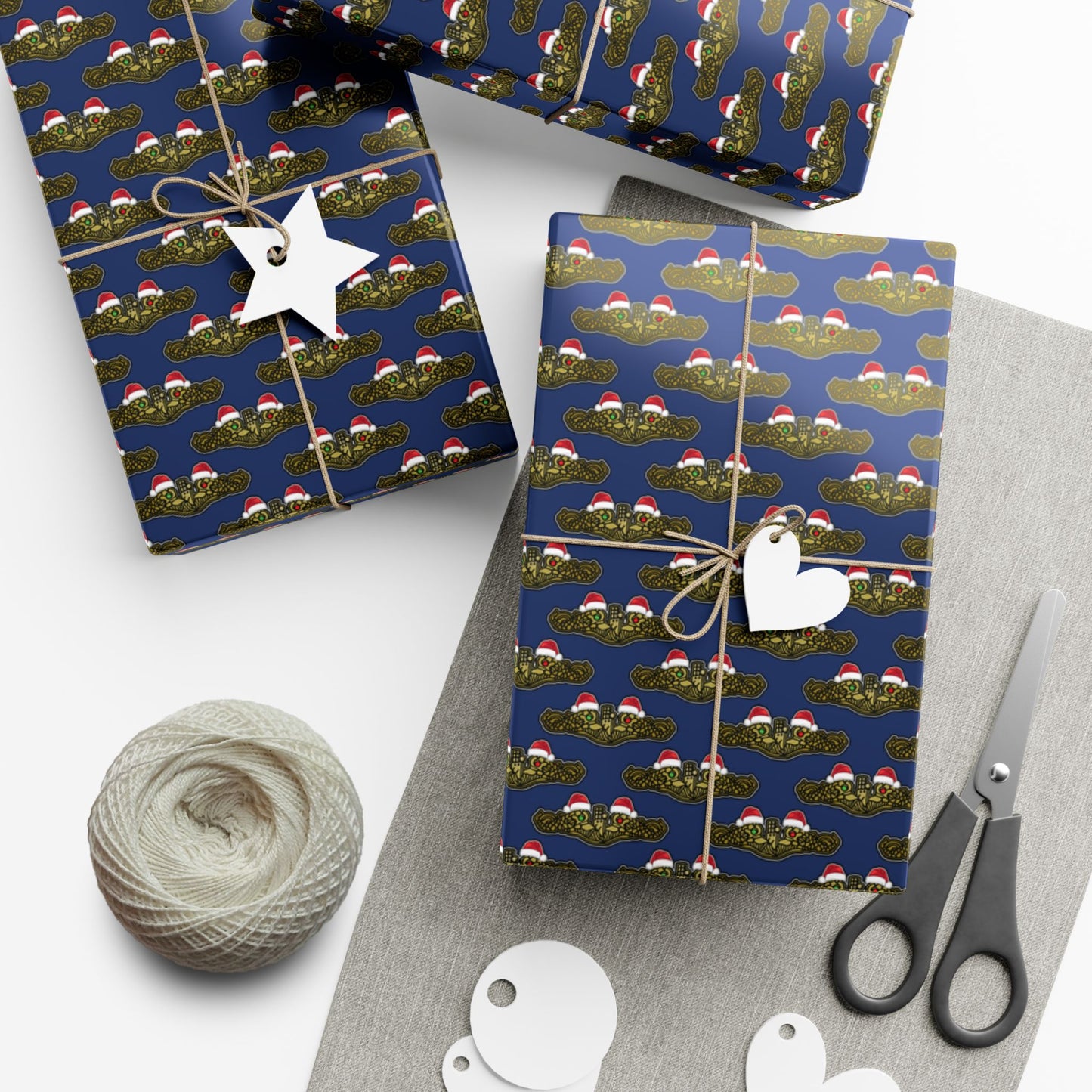 United States Navy Submarine Force Gold Officer Dolphins Christmas Hats with Red and Green Eyes Blue Gift Wrap Papers