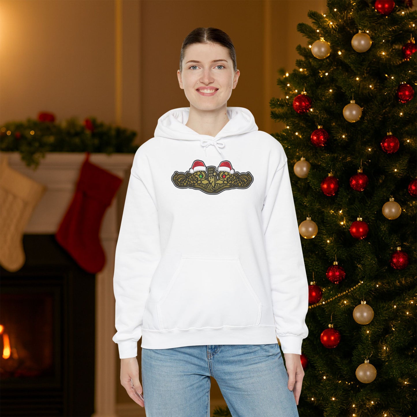 United States Submarine Force Gold Dolphins Christmas Hats with Red and Green Eyes Unisex Heavy Blend™ Hooded Sweatshirt