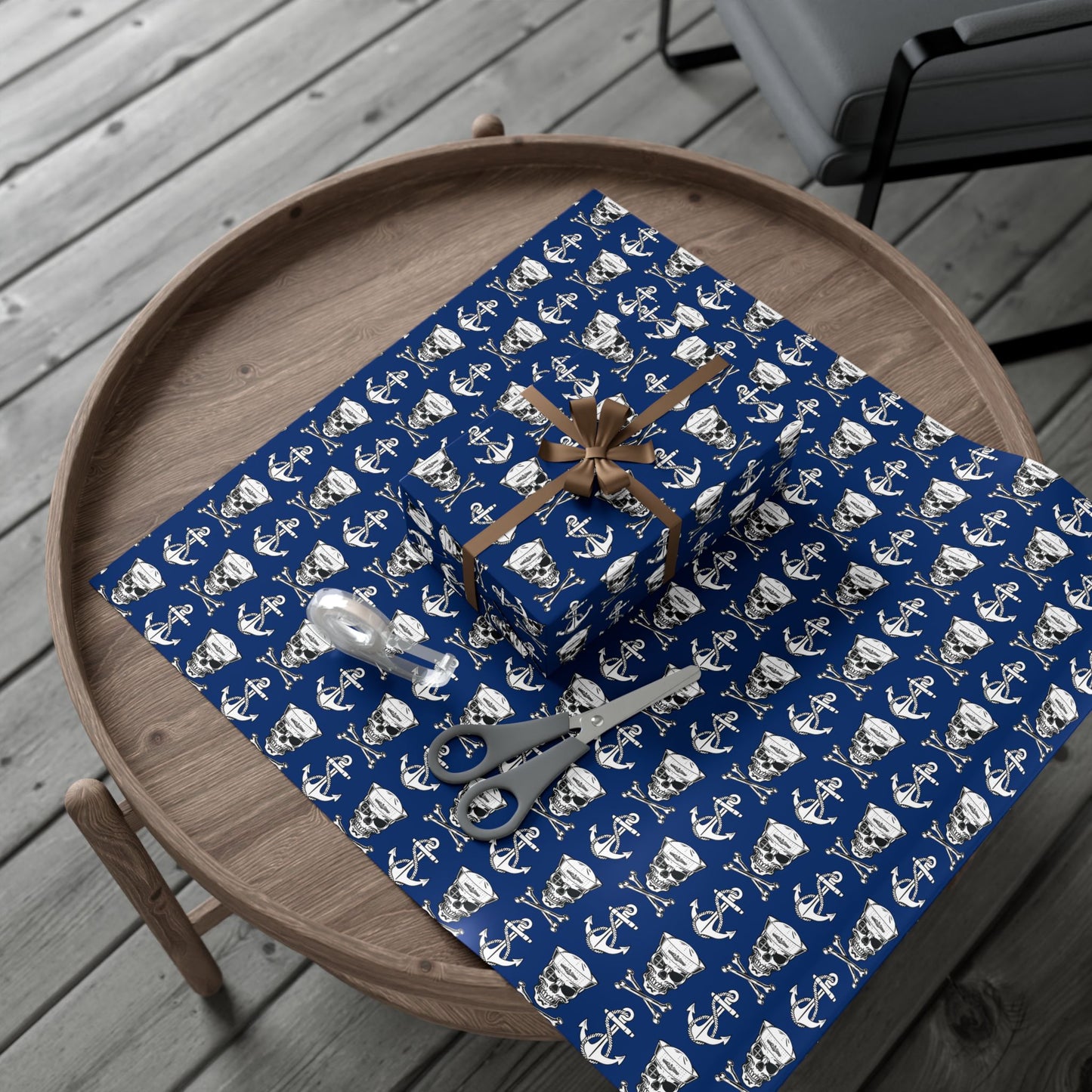 US Navy Submarine Force Sailor Skull Crossbones Wearing Dolphins with Anchors Blue Gift Wrap Papers