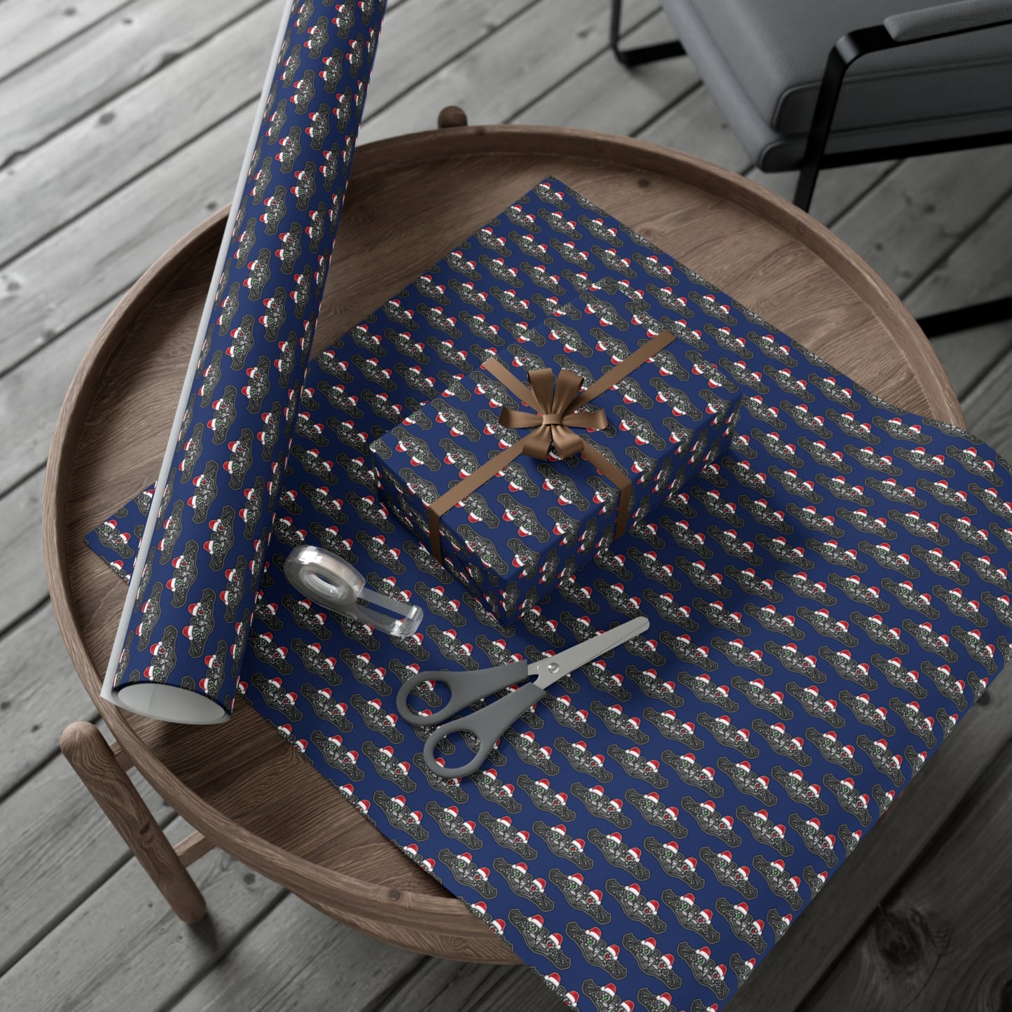 United States Navy Submarine Force Silver Enlisted Dolphins Christmas Hats with Red and Green Eyes Blue Gift Wrap Papers