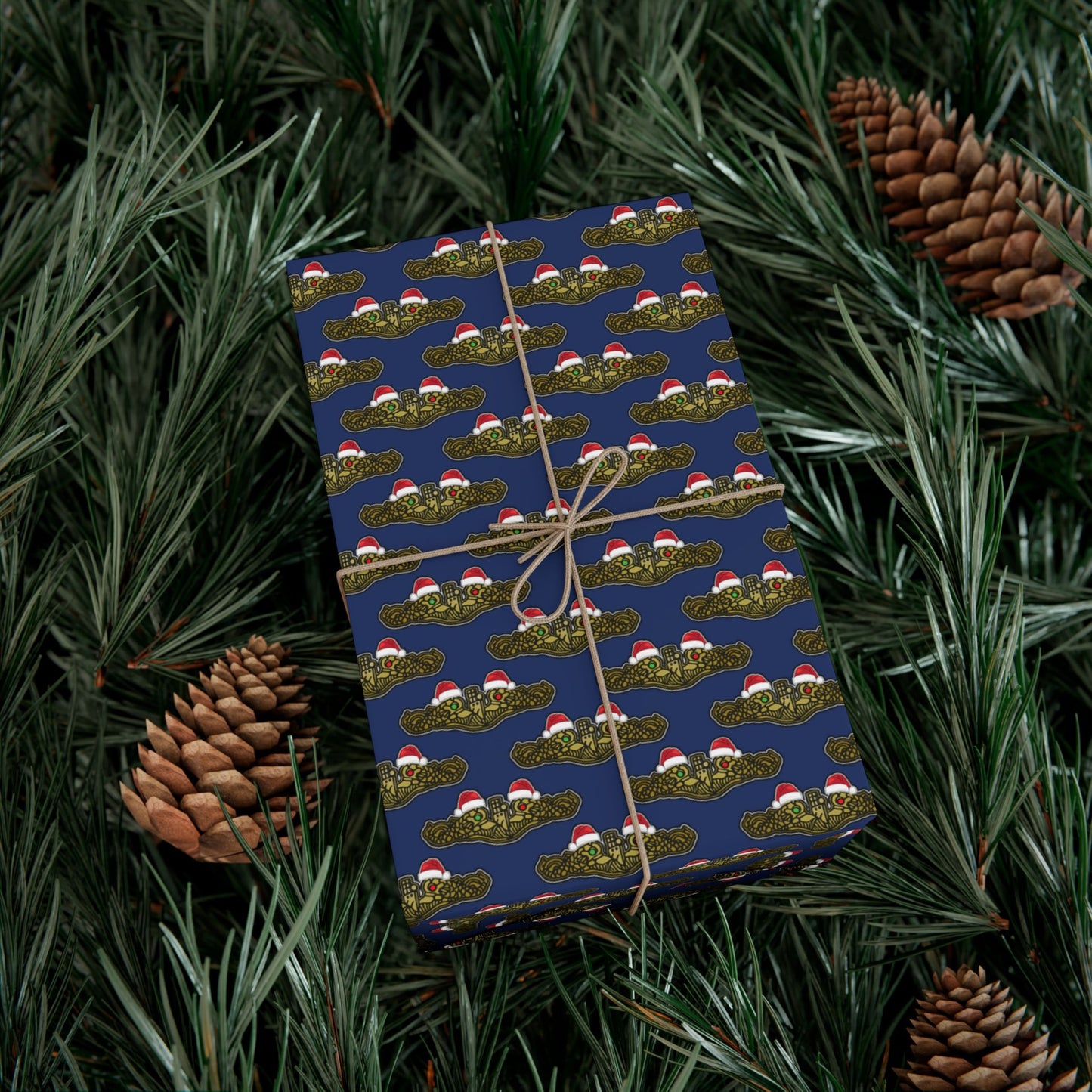 United States Navy Submarine Force Gold Officer Dolphins Christmas Hats with Red and Green Eyes Blue Gift Wrap Papers