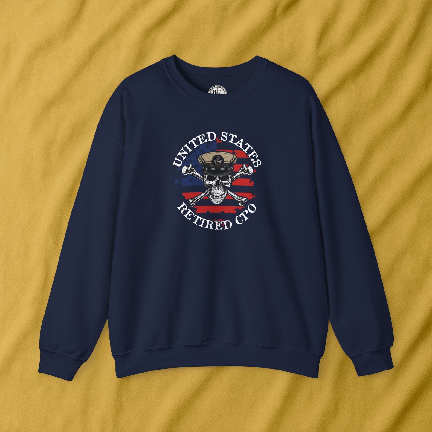 United States Retired CPO Skull Crossbones Chief Sailor on Distressed American Unisex Heavy Blend™ Crewneck Sweatshirt