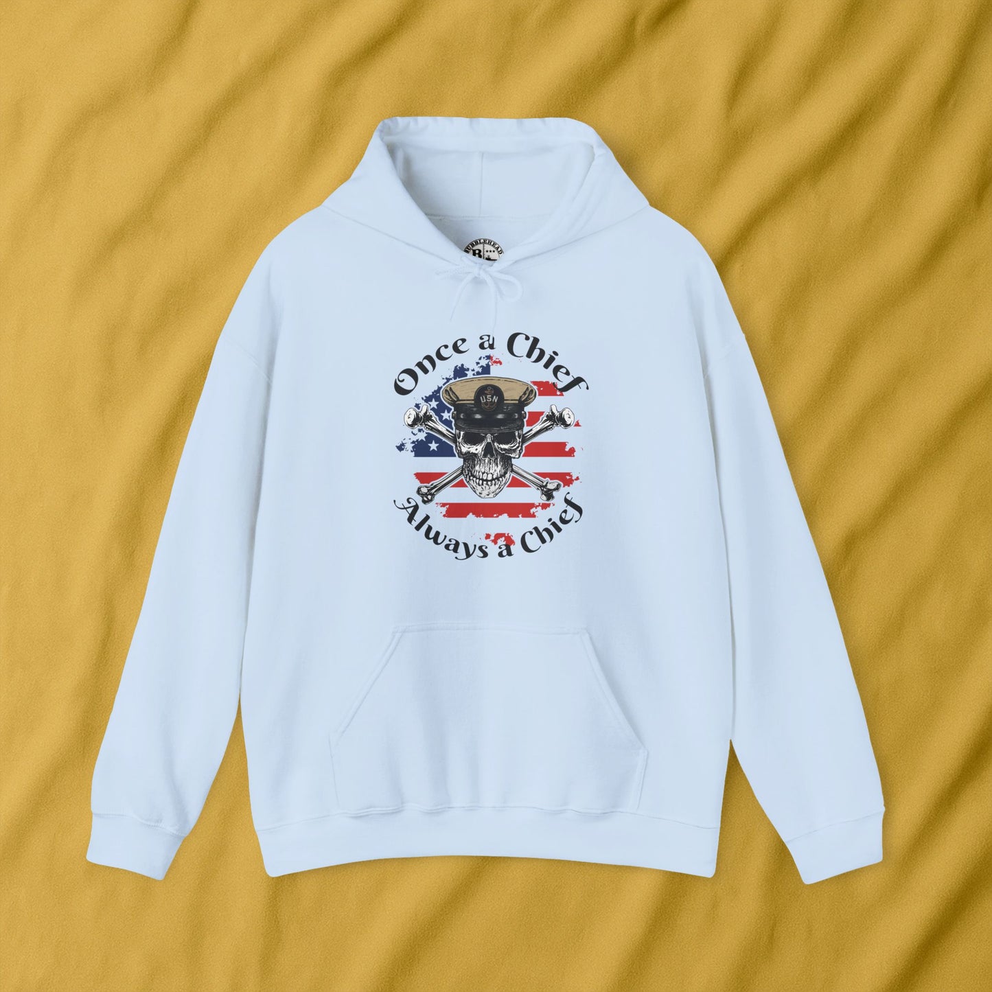 Once a Chief CPO Skull & Crossbones Sailor on Distressed USA Flag Unisex Heavy Blend™ Hooded Sweatshirt