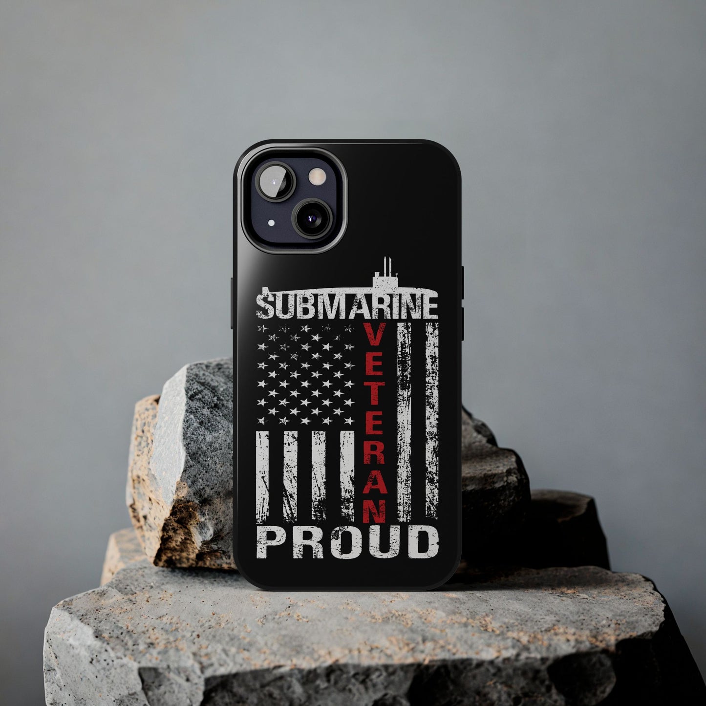 U.S. Submarine Veteran Proud Distressed White USA Flag Black Tough iPhone Case