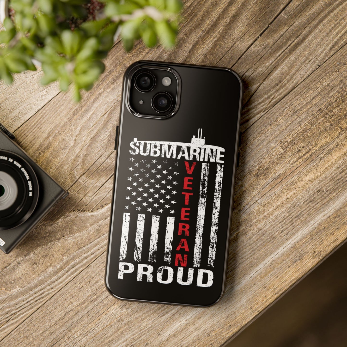 U.S. Submarine Veteran Proud Distressed White USA Flag Black Tough iPhone Case