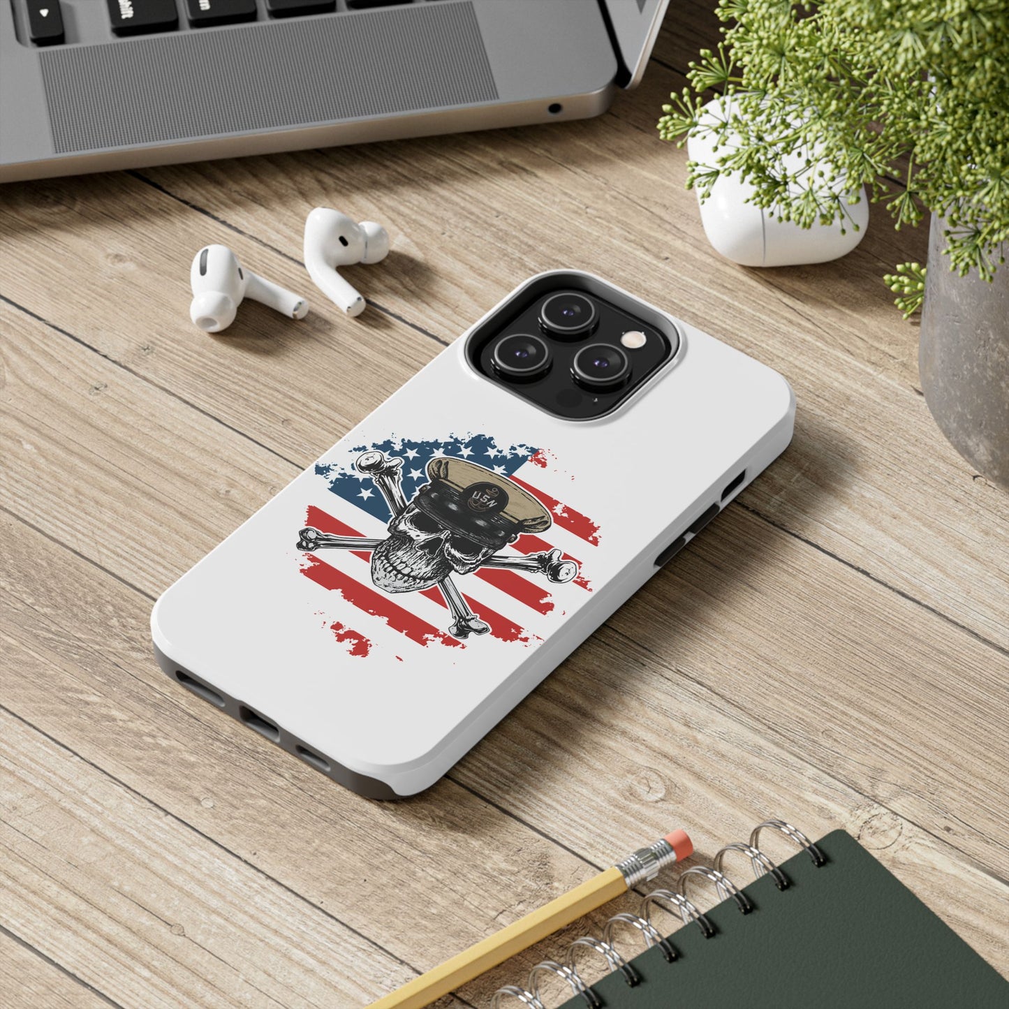 Naval Chief Skull & Crossbones on American Flag White Tough iPhone Case