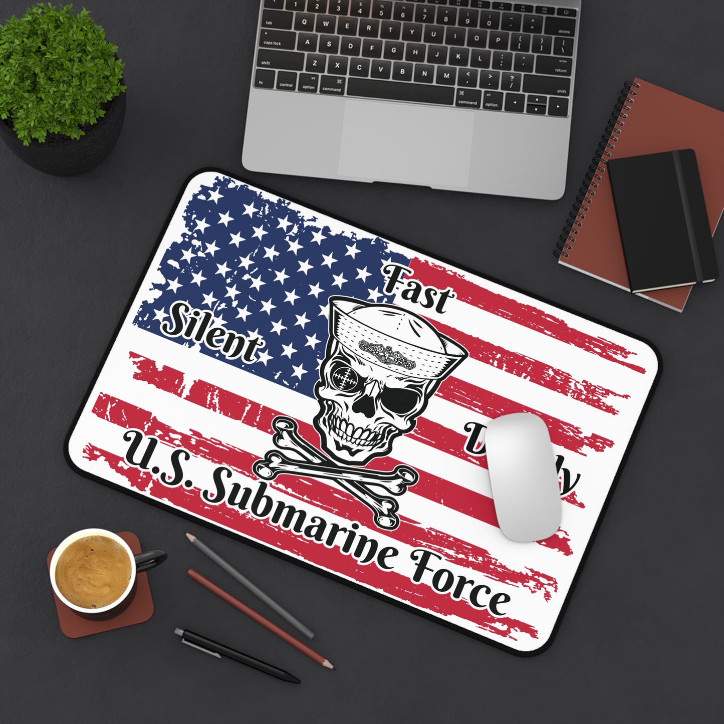 U.S. Submarine Force Silent Fast Deadly Skull and Crossbones Sailor with Distressed American Flag Desk Mat