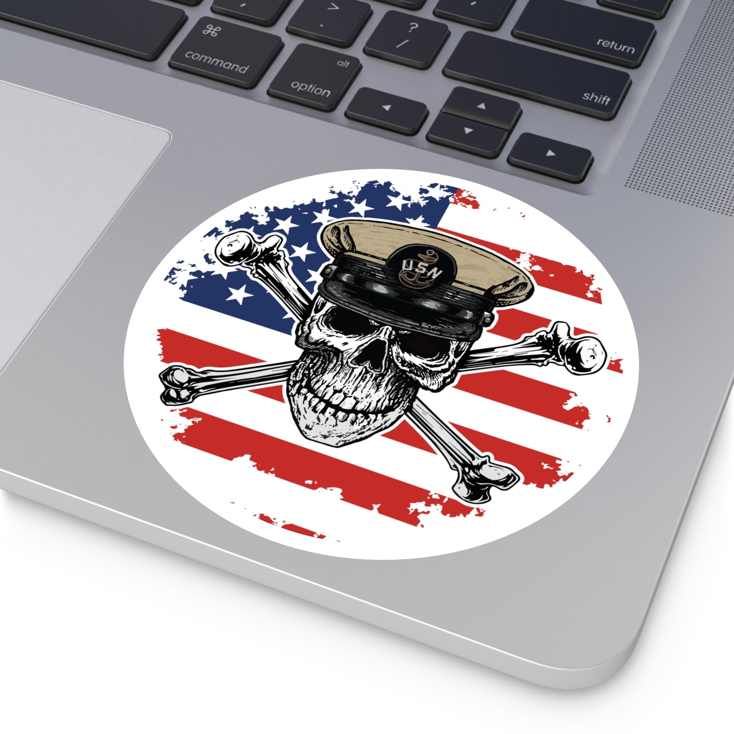 Naval Chief CPO Skull & Crossbones on American Flag Round Sticker
