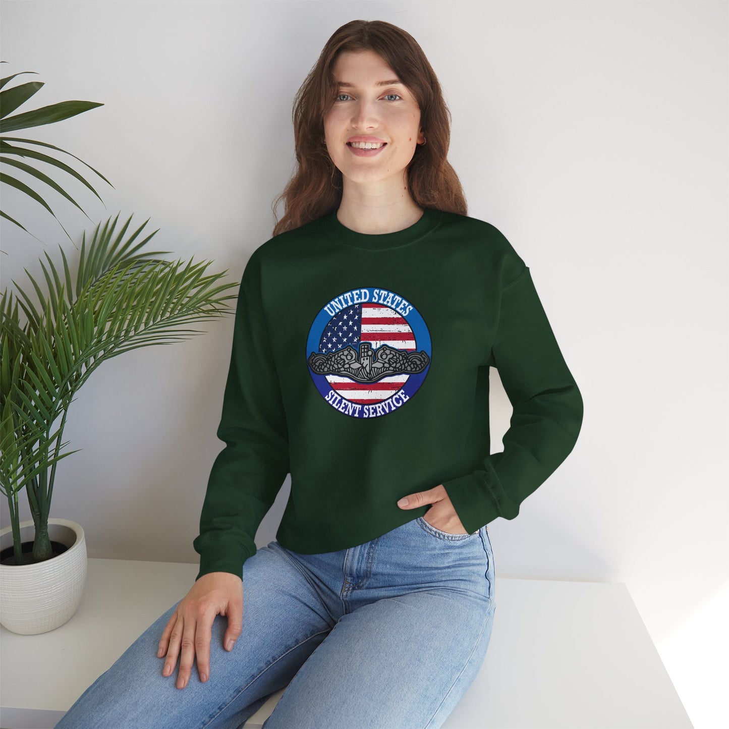 United States Silent Service Submarine Force Silver Dolphins on Distressed American Flag Unisex Heavy Blend™ Crewneck Sweatshirt