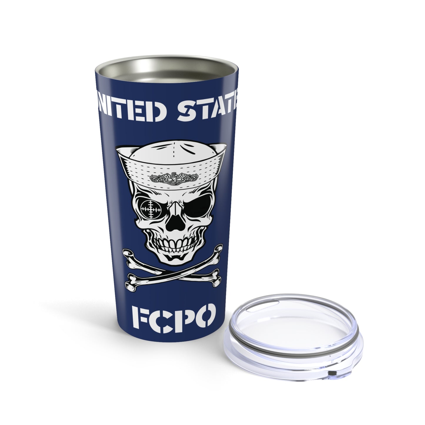 United States FCPO Skull Crossbones First Class Sailor with Navy Dolphins Blue Stainless Steel Tumbler 20oz