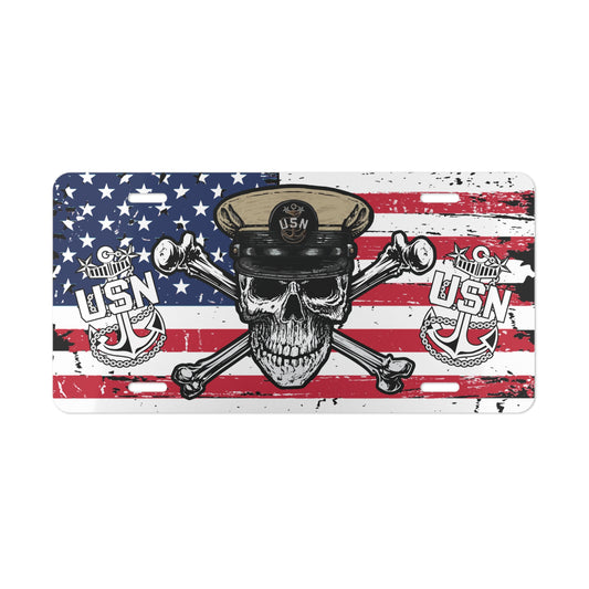 US Navy Master Chief Skull & Crossbones on American Flag Vanity License Plate