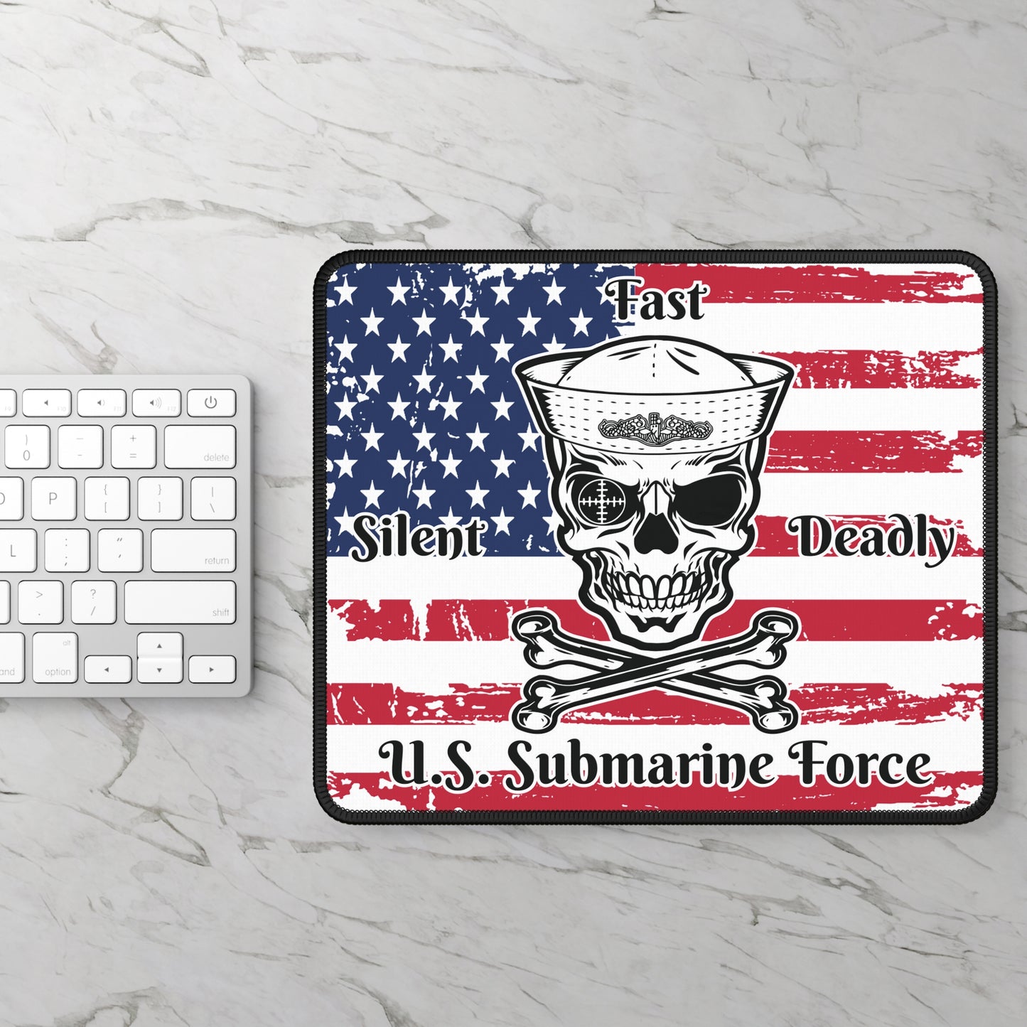 U.S. Submarine Force Silent Fast Deadly Skull and Crossbones Sailor with Distressed American Flag Gaming Mouse Pad