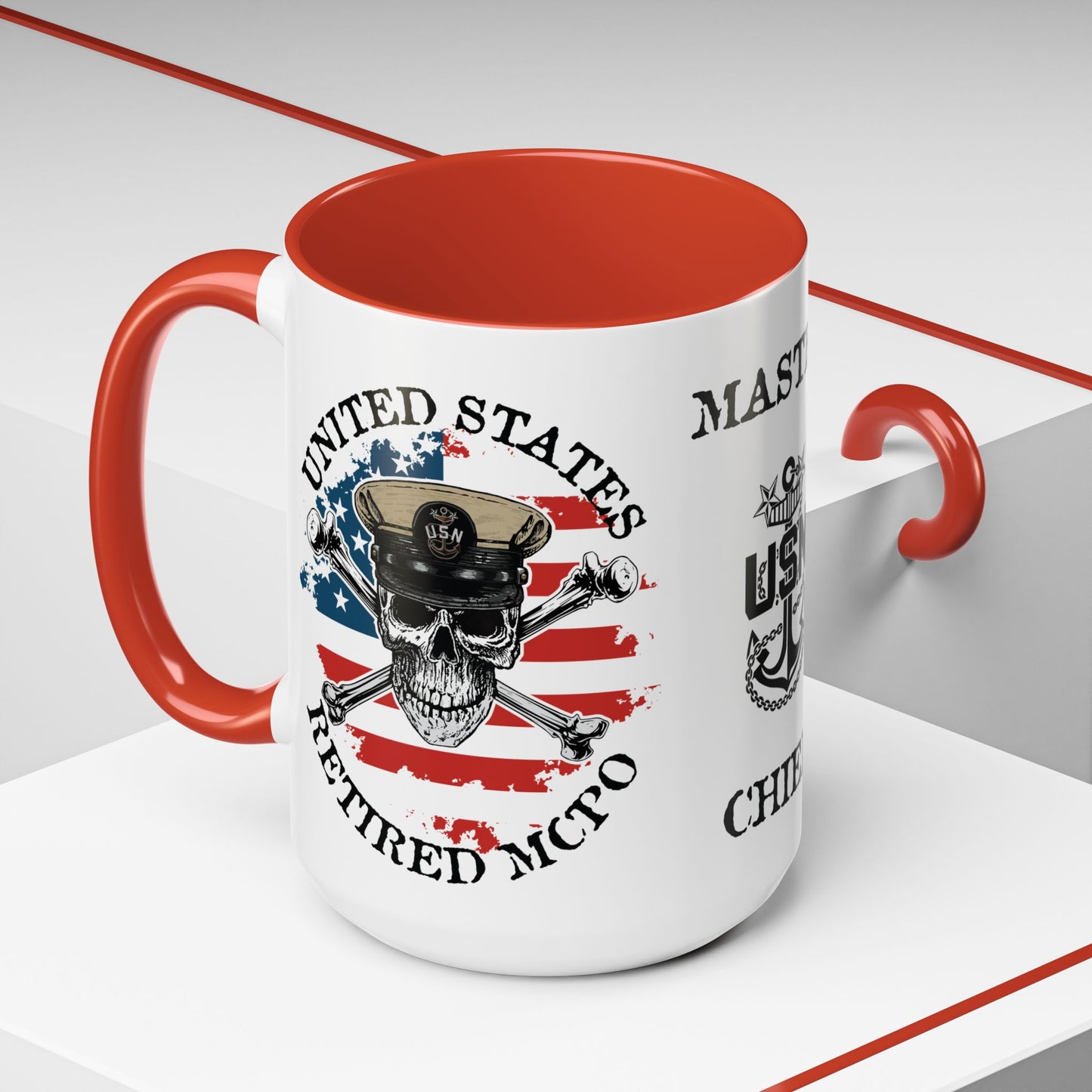 United States Navy Retired MCPO Skull Crossbones Master Chief Petty Officer Anchor with Distressed USA Flag Accent Coffee Mugs