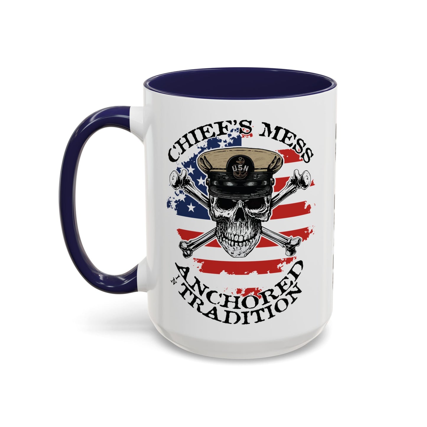 US Navy Chief's Mess Anchored Tradition CPO Sailor Skull with Distressed USA Flag Accent Coffee Mugs