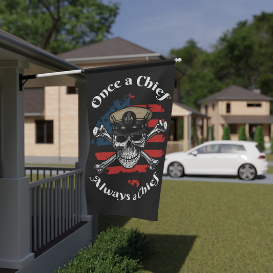 Once a Chief Skull & Crossbones Always a Chief with Distressed American Flag on Black House Banner