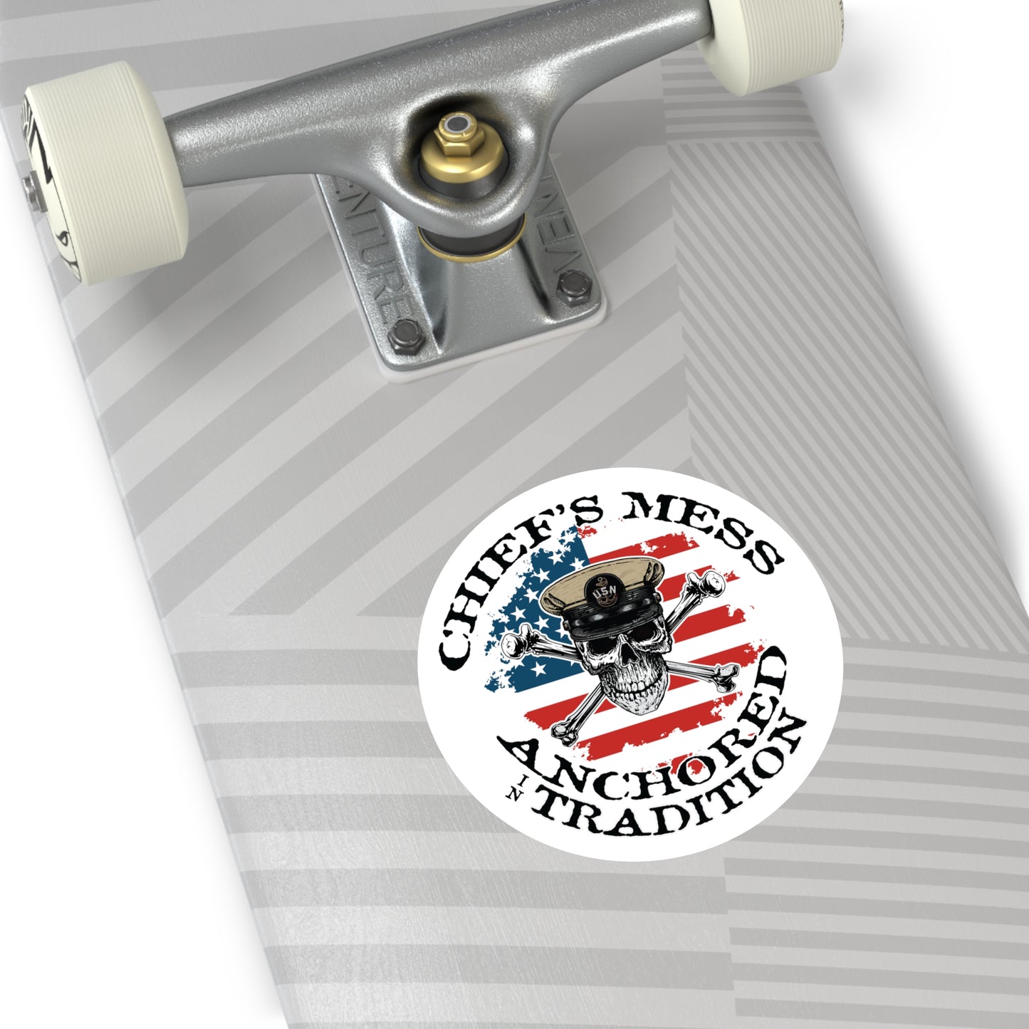 Chief's Mess Anchored Tradition Skull Crossbones on Distressed USA Flag Round Sticker