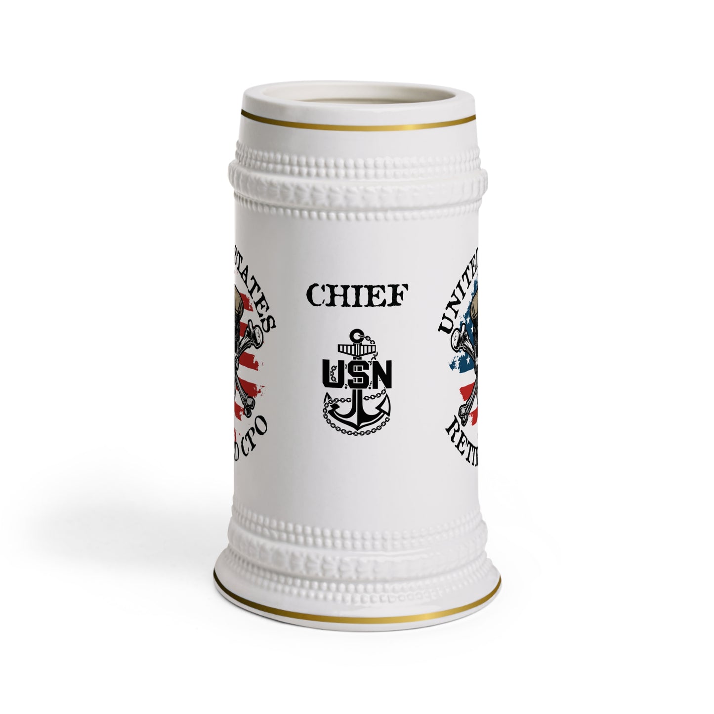 US Retired Chief Petty Officer Skull Crossbones with Distressed American Flag Stein Mug