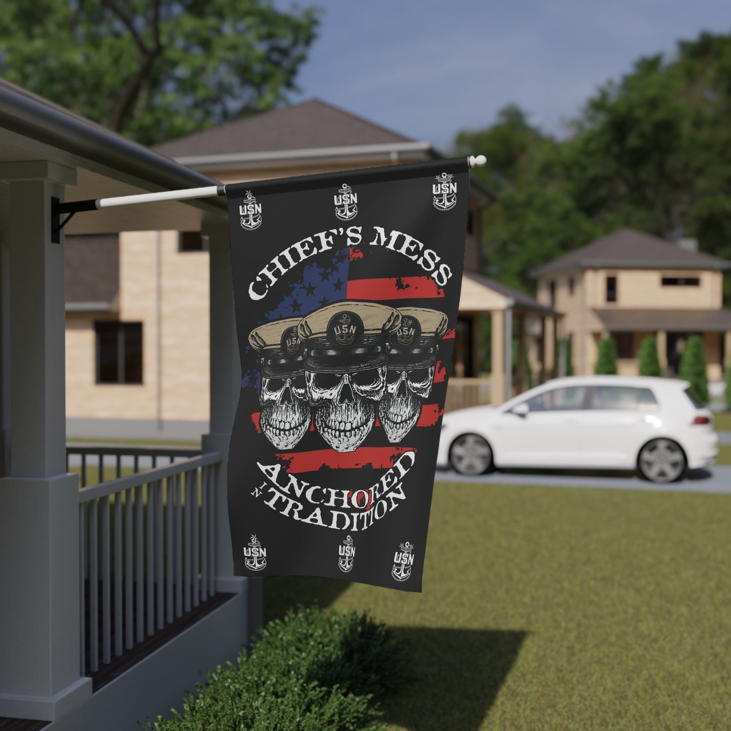 Chief's Mess Anchored Tradition CPO Skull Crossbones with Distressed USA Flag on Black House Banner