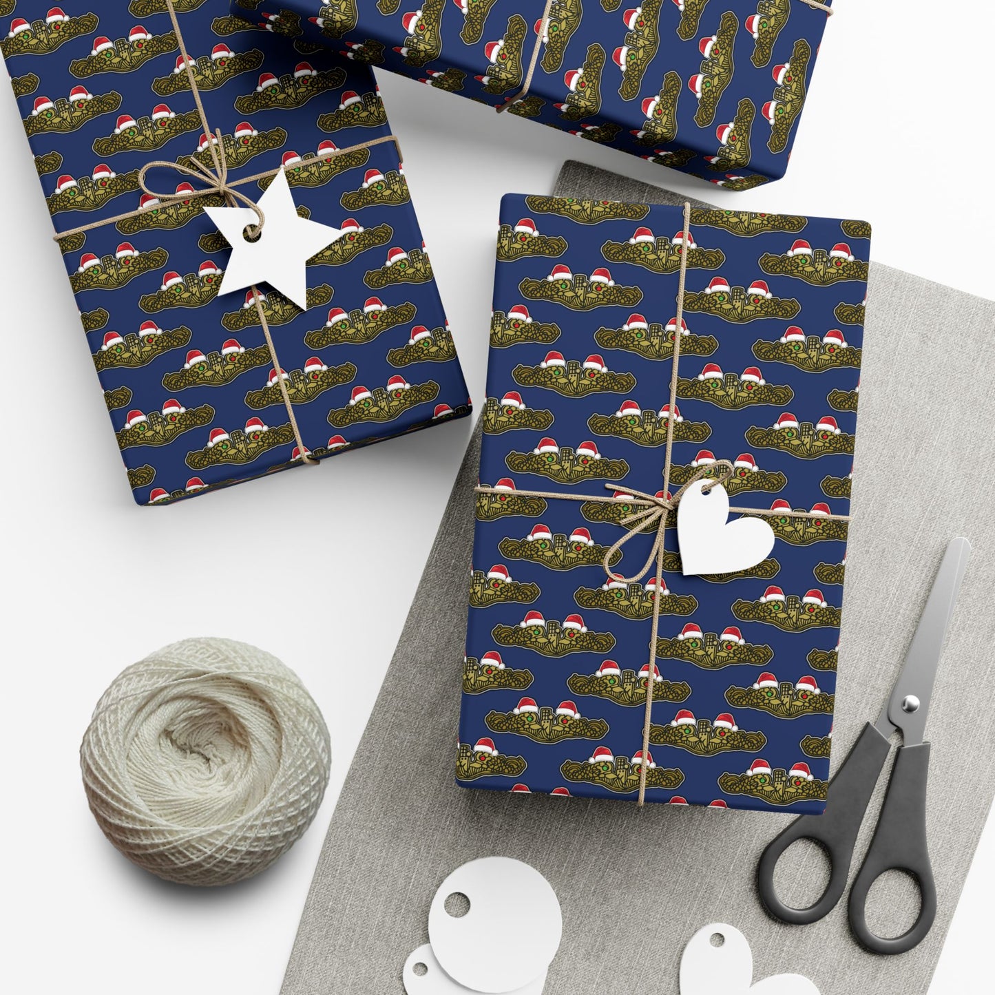 United States Navy Submarine Force Gold Officer Dolphins Christmas Hats with Red and Green Eyes Blue Gift Wrap Papers