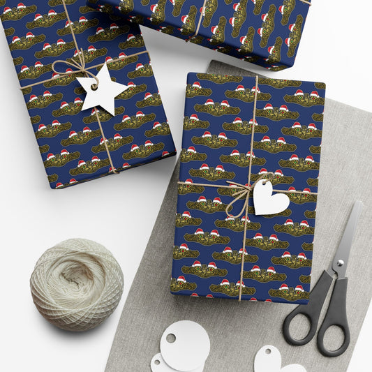 United States Navy Submarine Force Gold Officer Dolphins Christmas Hats with Red and Green Eyes Blue Gift Wrap Papers