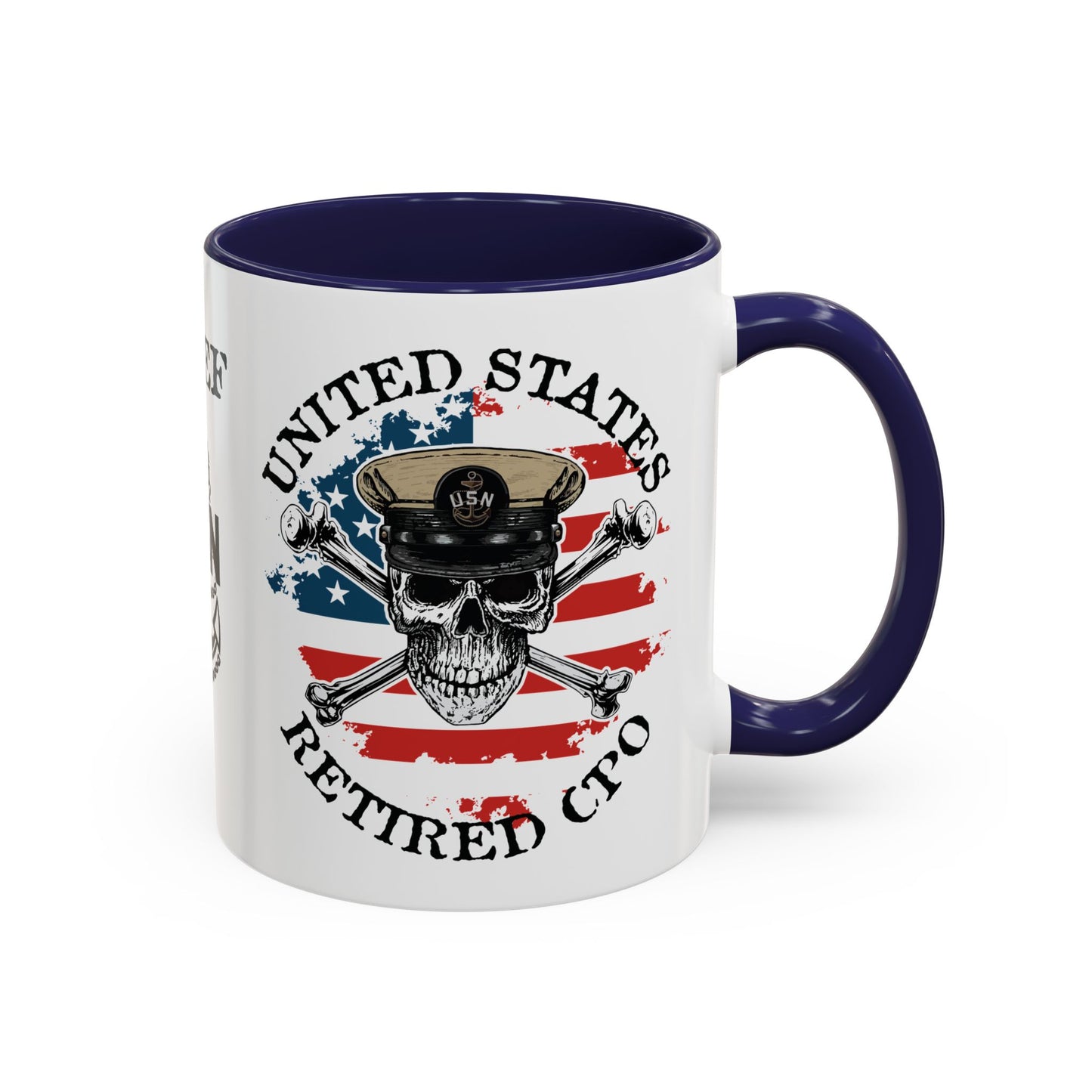United States Navy Retired CPO Skull Crossbones Chief Petty Officer Anchor with Distressed USA Flag Accent Coffee Mugs