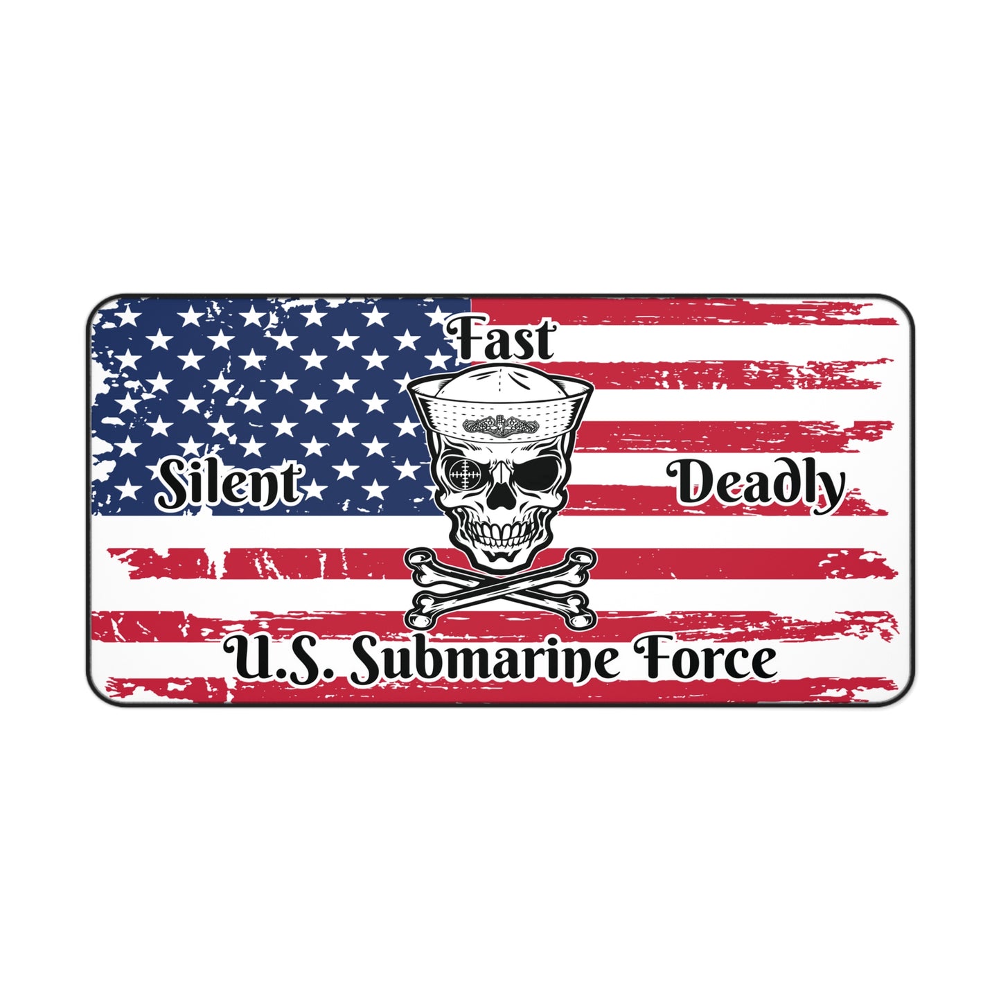 U.S. Submarine Force Silent Fast Deadly Skull and Crossbones Sailor with Distressed American Flag Desk Mat