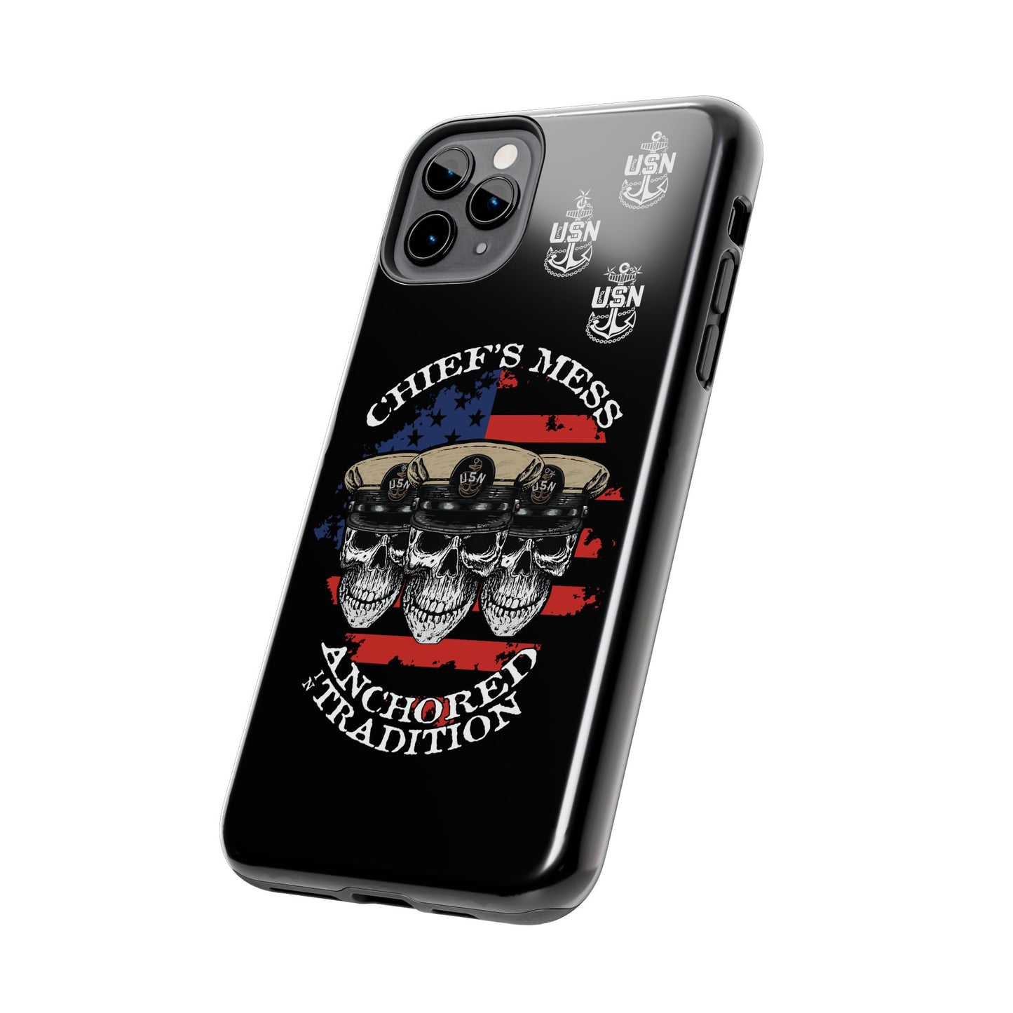 Chief's Mess Anchored Tradition CPO Sailor Skulls on Distressed USA Flag Black Tough iPhone Case