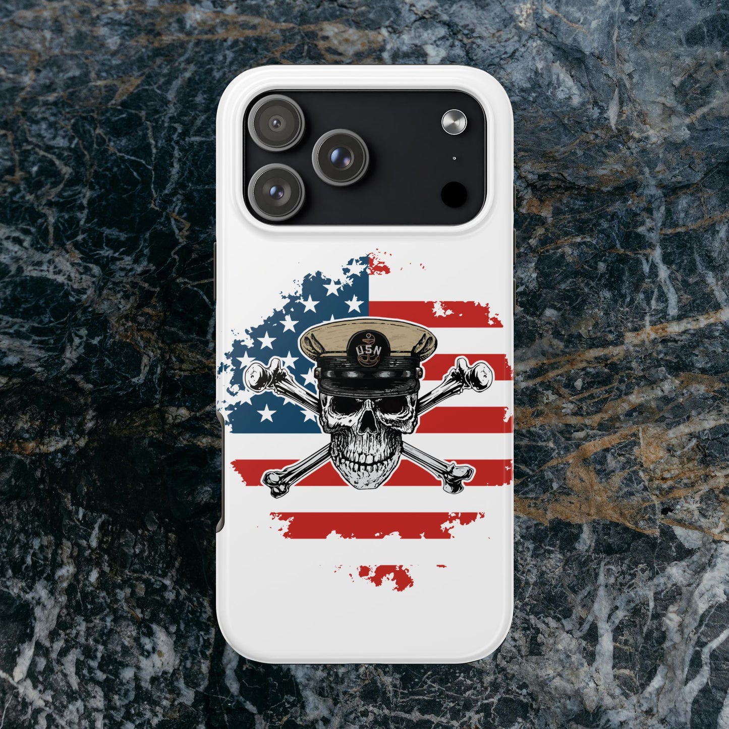 Naval Chief Skull & Crossbones on American Flag White Tough iPhone Case