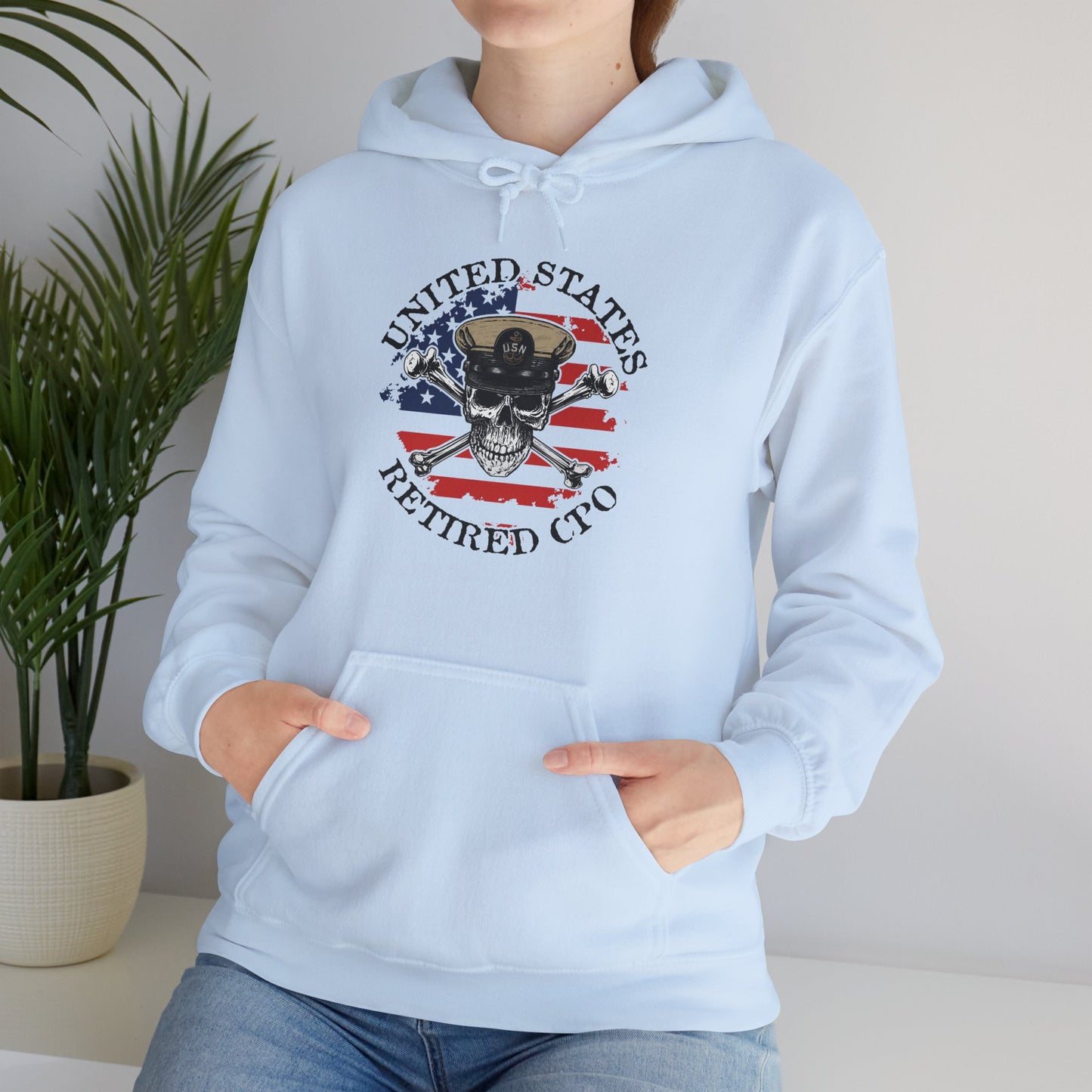 United States Retired CPO Skull Crossbones Chief Petty Officer with Distressed American Flag Unisex Heavy Blend™ Hooded Sweatshirt