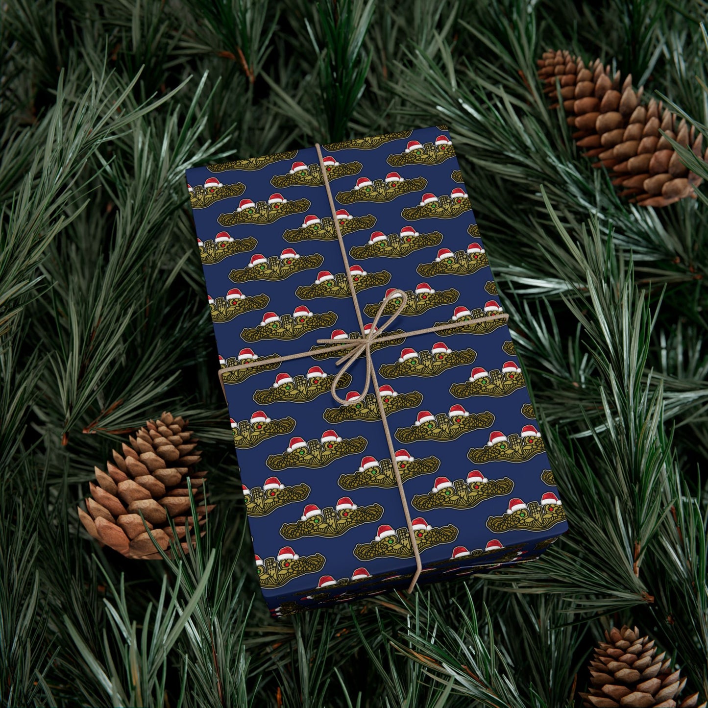 United States Navy Submarine Force Gold Officer Dolphins Christmas Hats with Red and Green Eyes Blue Gift Wrap Papers