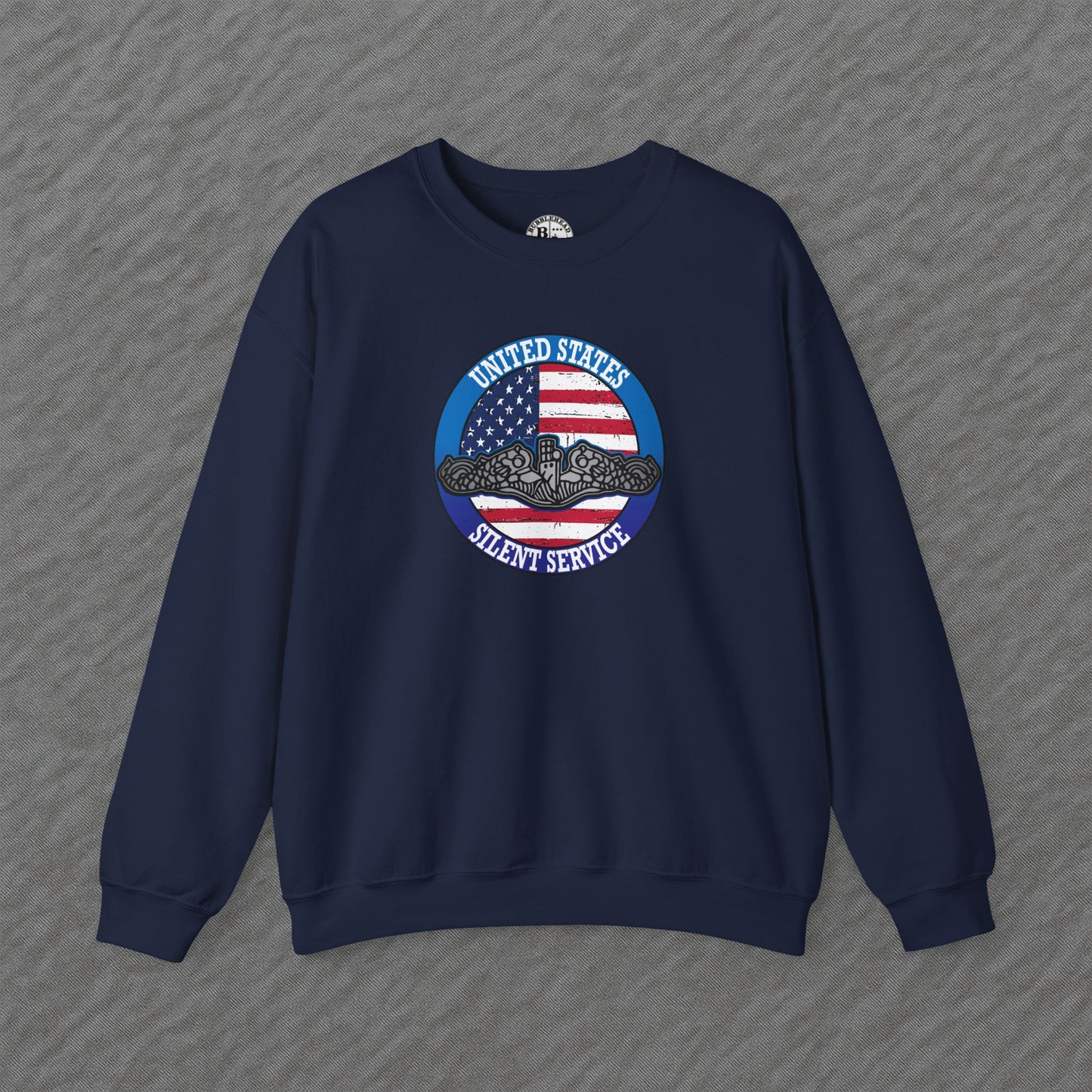 United States Silent Service Submarine Force Silver Dolphins on Distressed American Flag Unisex Heavy Blend™ Crewneck Sweatshirt