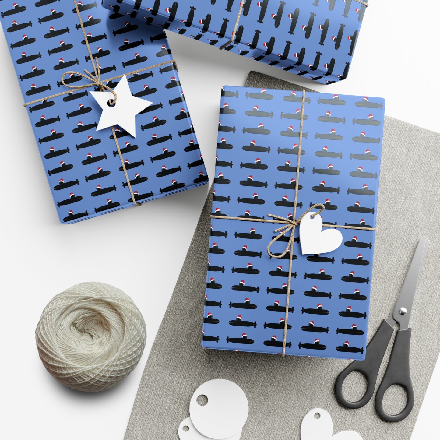 United States Navy Submarine Force Santa Hat on Black Mini Submarines Light Blue Gift Wrap Papers