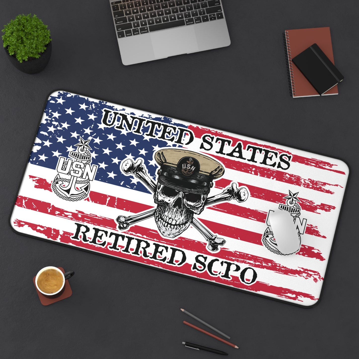 United States Retired SCPO Skull Crossbones Senior Chief with Distressed American Flag Desk Mat