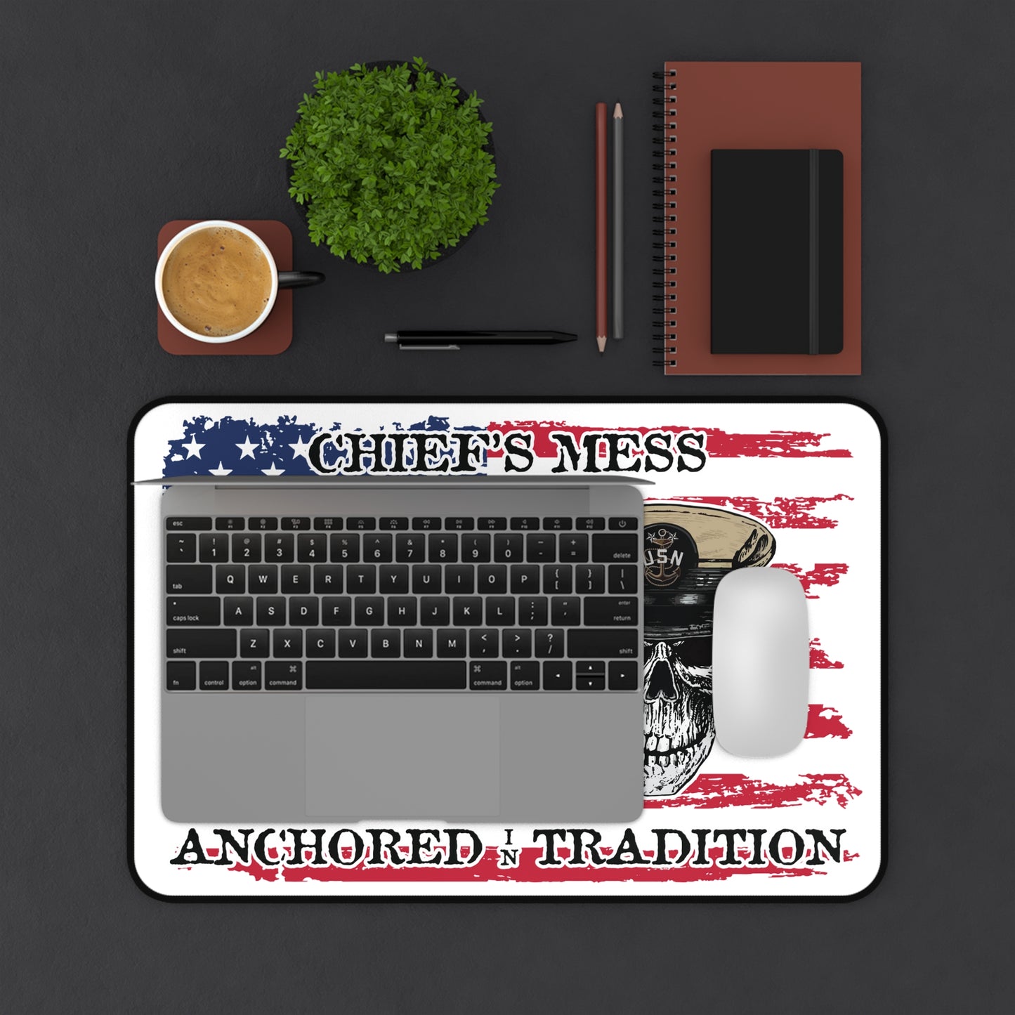 Chief's Mess Anchored Tradition CPO Sailor Skull's with Distressed USA Flag Desk Mat