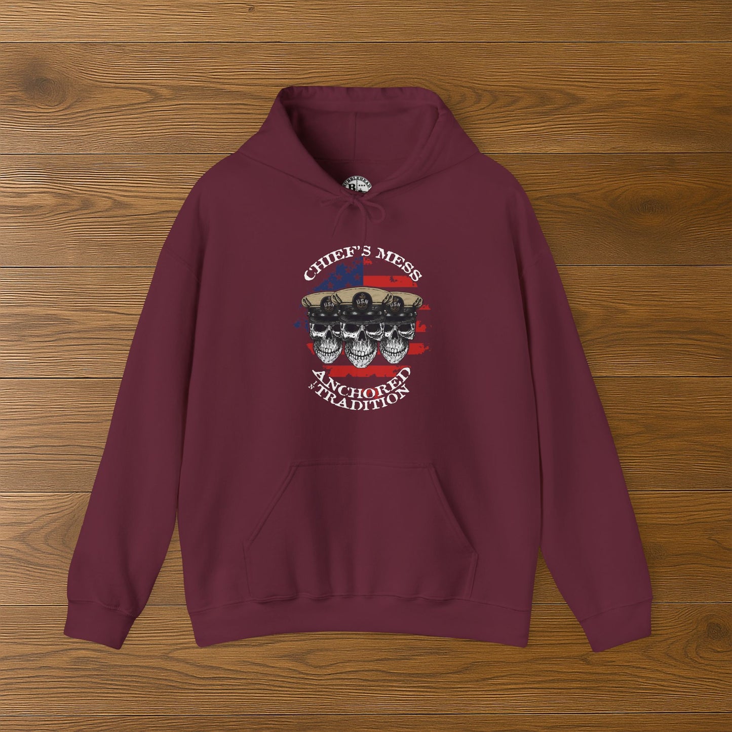 Chief's Mess Anchored Tradition CPO Sailor Skulls on Distressed USA Flag Unisex Heavy Blend™ Hooded Sweatshirt