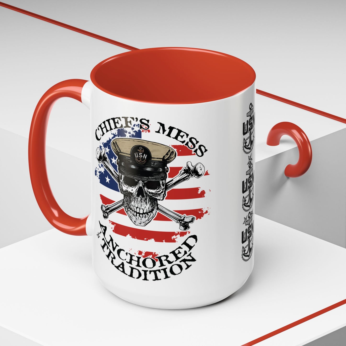 US Navy Chief's Mess Anchored Tradition CPO Sailor Skull with Distressed USA Flag Accent Coffee Mugs