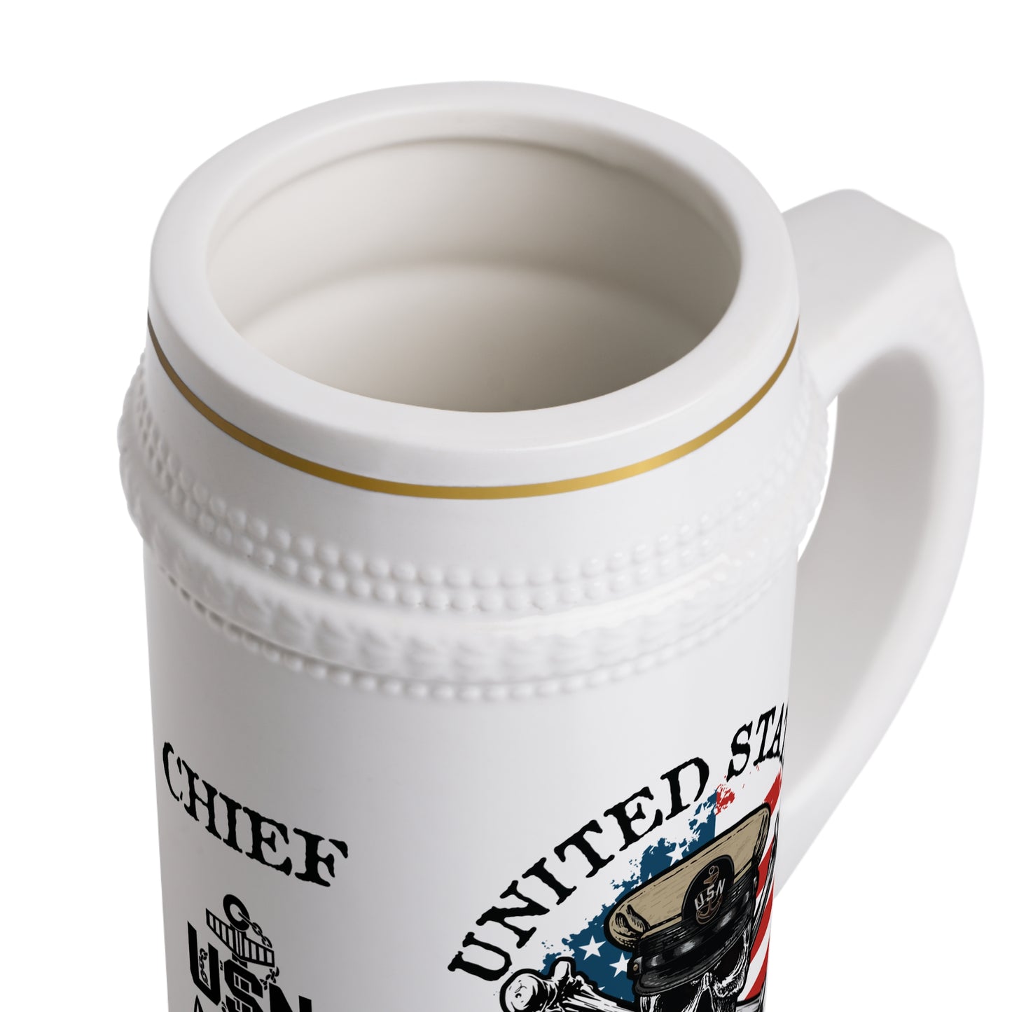US Retired Chief Petty Officer Skull Crossbones with Distressed American Flag Stein Mug