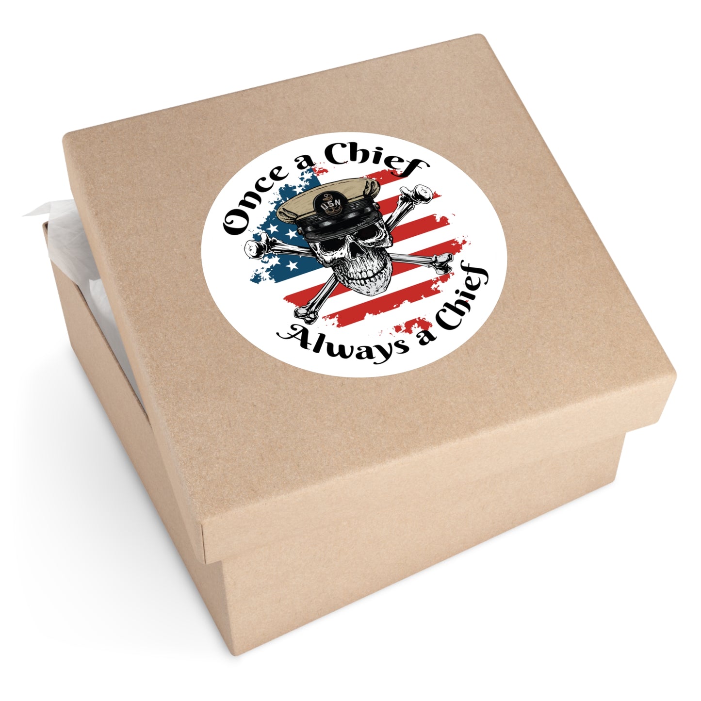 US Navy Once a Chief CPO Skull & Crossbones Sailor on Distressed USA Flag Round Sticker