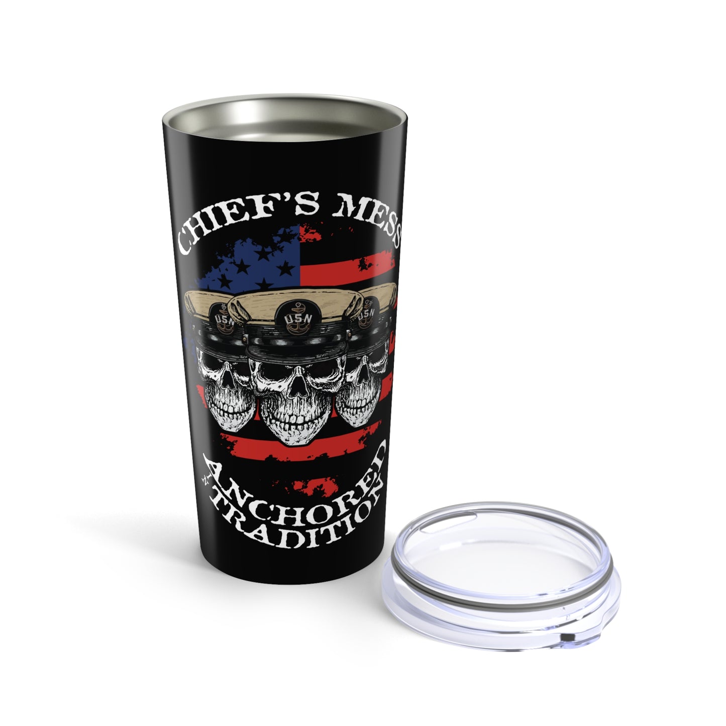 Chief's Mess Anchored Tradition CPO Sailor Skull's with Distressed USA Flag Stainless Steel Tumbler 20oz