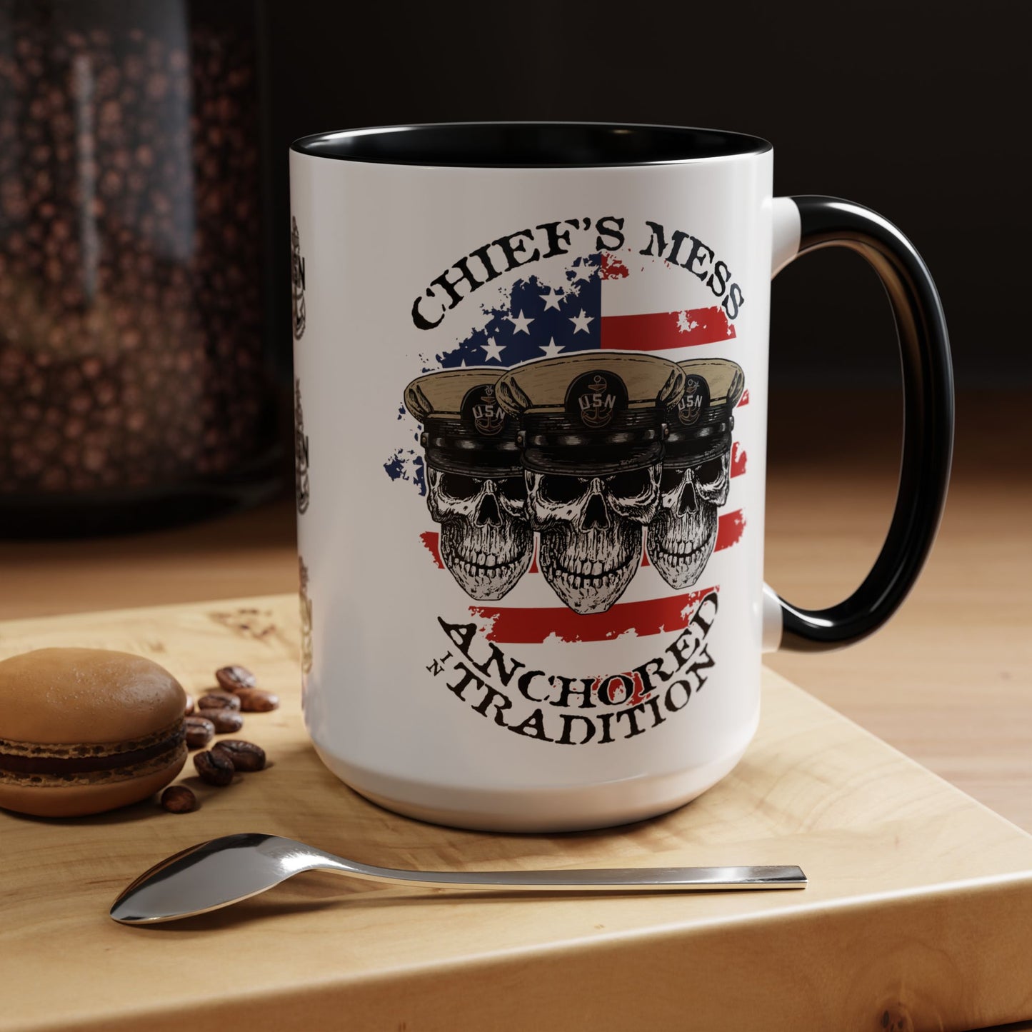 US Navy Chief's Mess Anchored Tradition CPO Sailor Skulls with Distressed USA Flag Accent Coffee Mugs